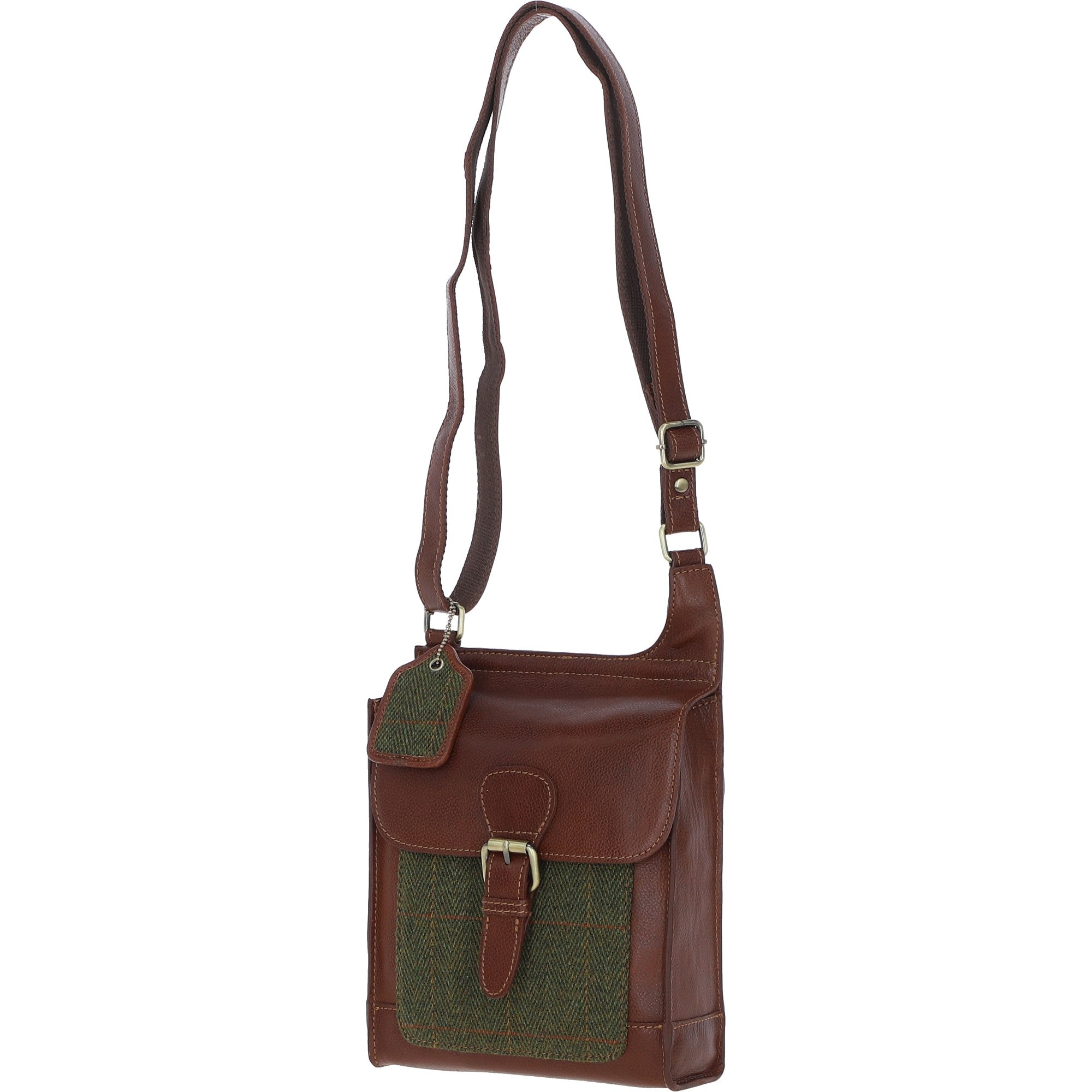 Ashwood Leather & Tweed Crossbody Bag Tan/Green Check: TW-24-010-TGNH
