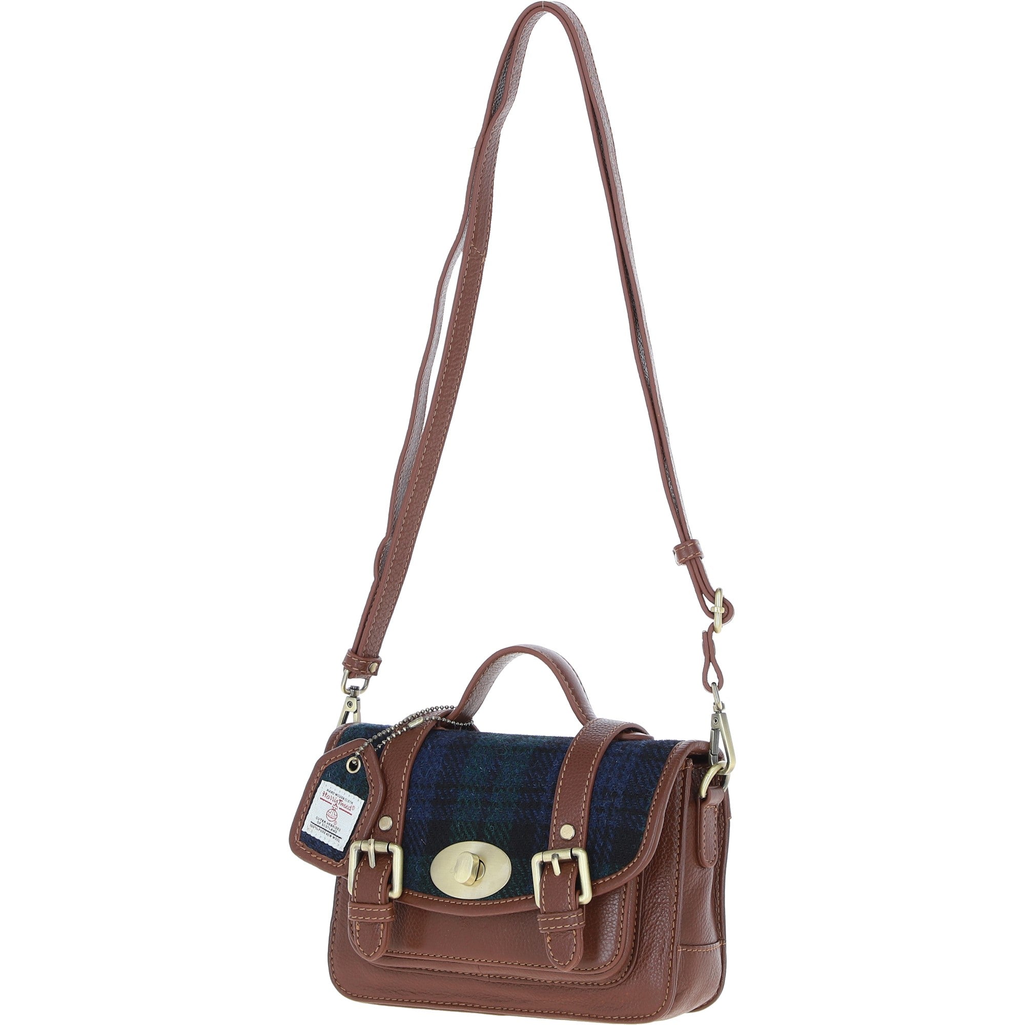 Ashwood Leather & Harris Tweed® Cloth Small Satchel Bag with Twist Lock Tan/Watch: TW-33-04-TW