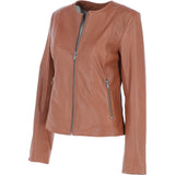 Collarless Ladies Casual Leather Jacket Tan: AWL-1282
