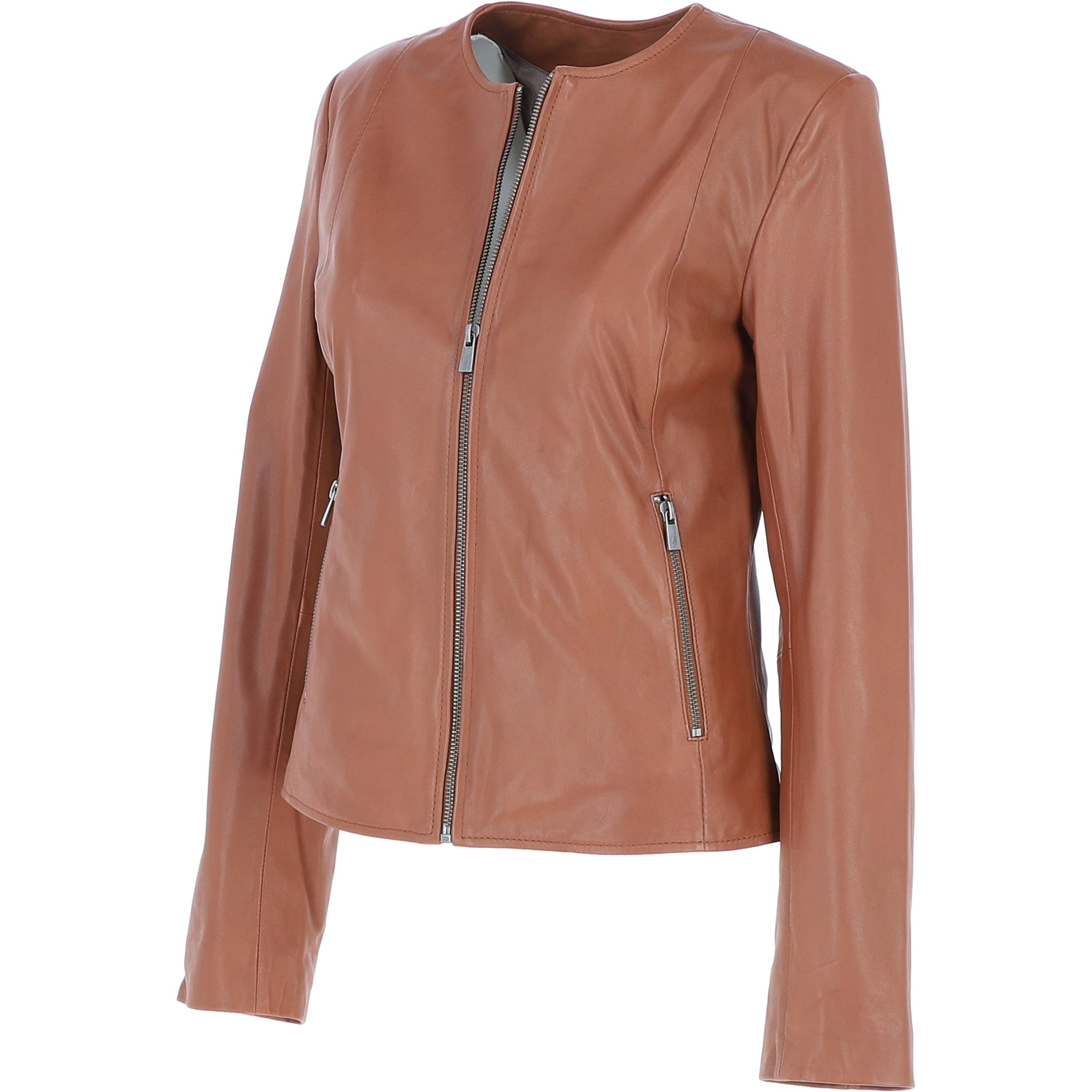 Collarless Ladies Casual Leather Jacket Tan: AWL-1282