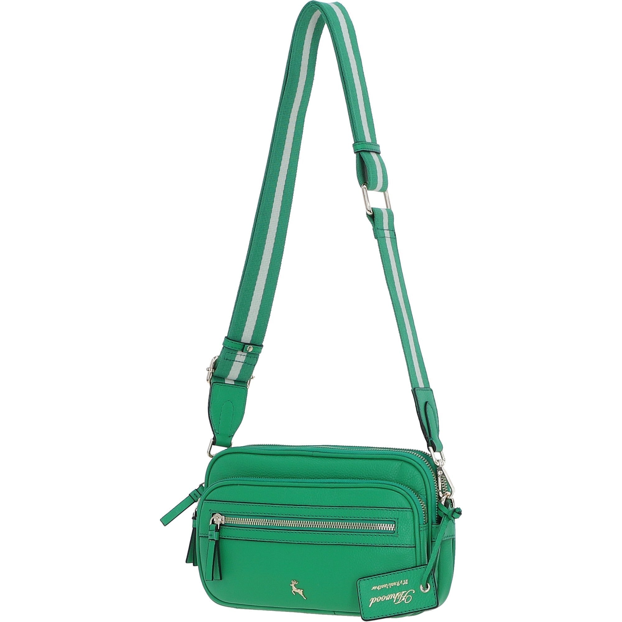 Compact Twin Zip Ashwood Leather Crossbody Bag Green: X-35
