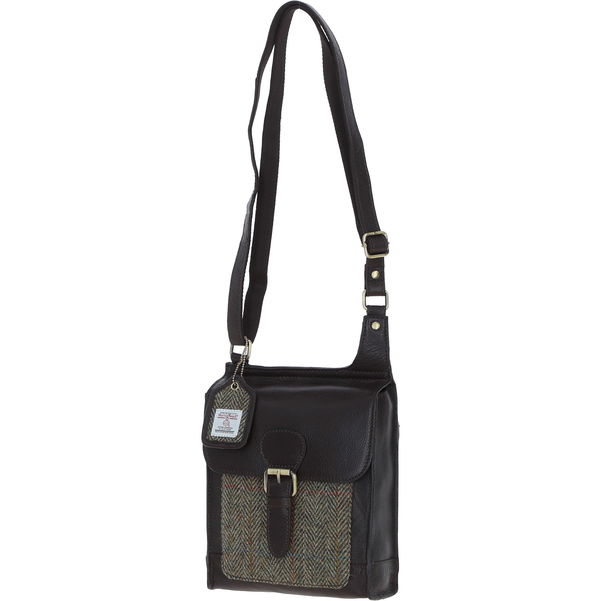 Ashwood Leather & Harris Tweed® Cloth Crossbody Bag Brown/Green: TW-24-09-BG