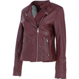 Real Leather Ladies Biker Jacket with Mandarin Collar Burgundy: AWL-N32
