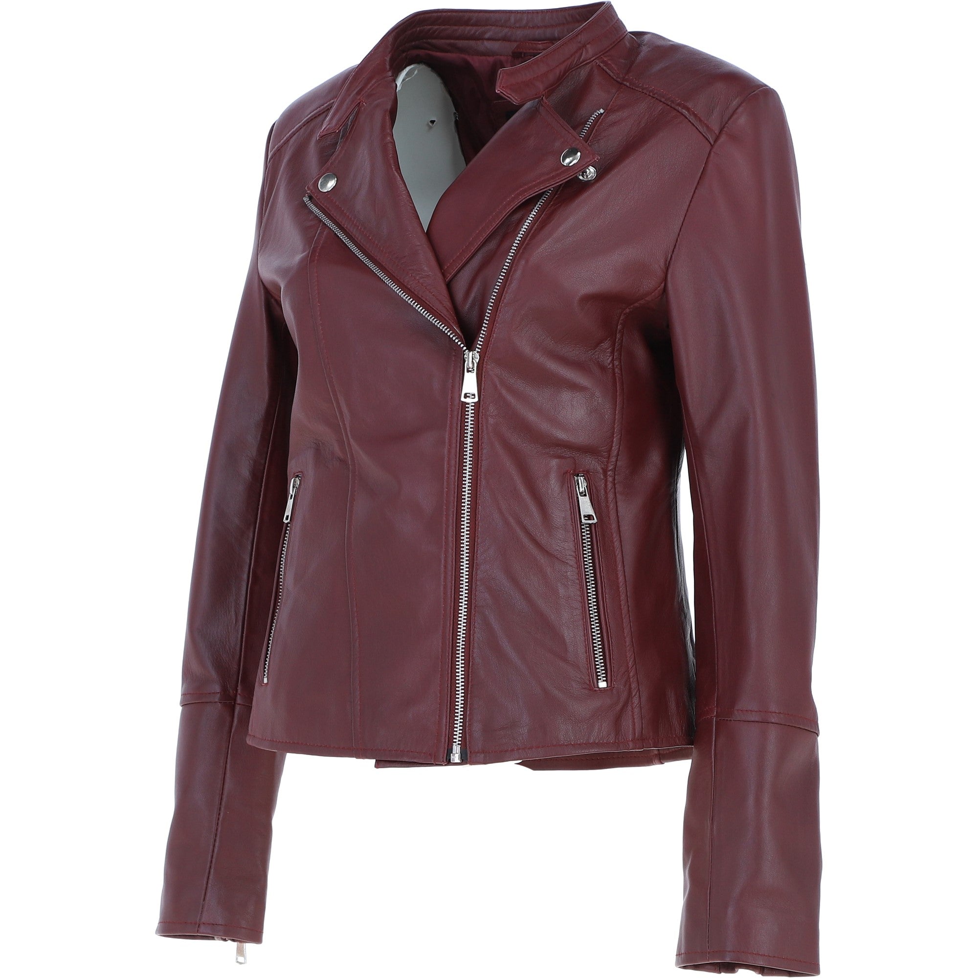 Real Leather Ladies Biker Jacket with Mandarin Collar Burgundy: AWL-N32
