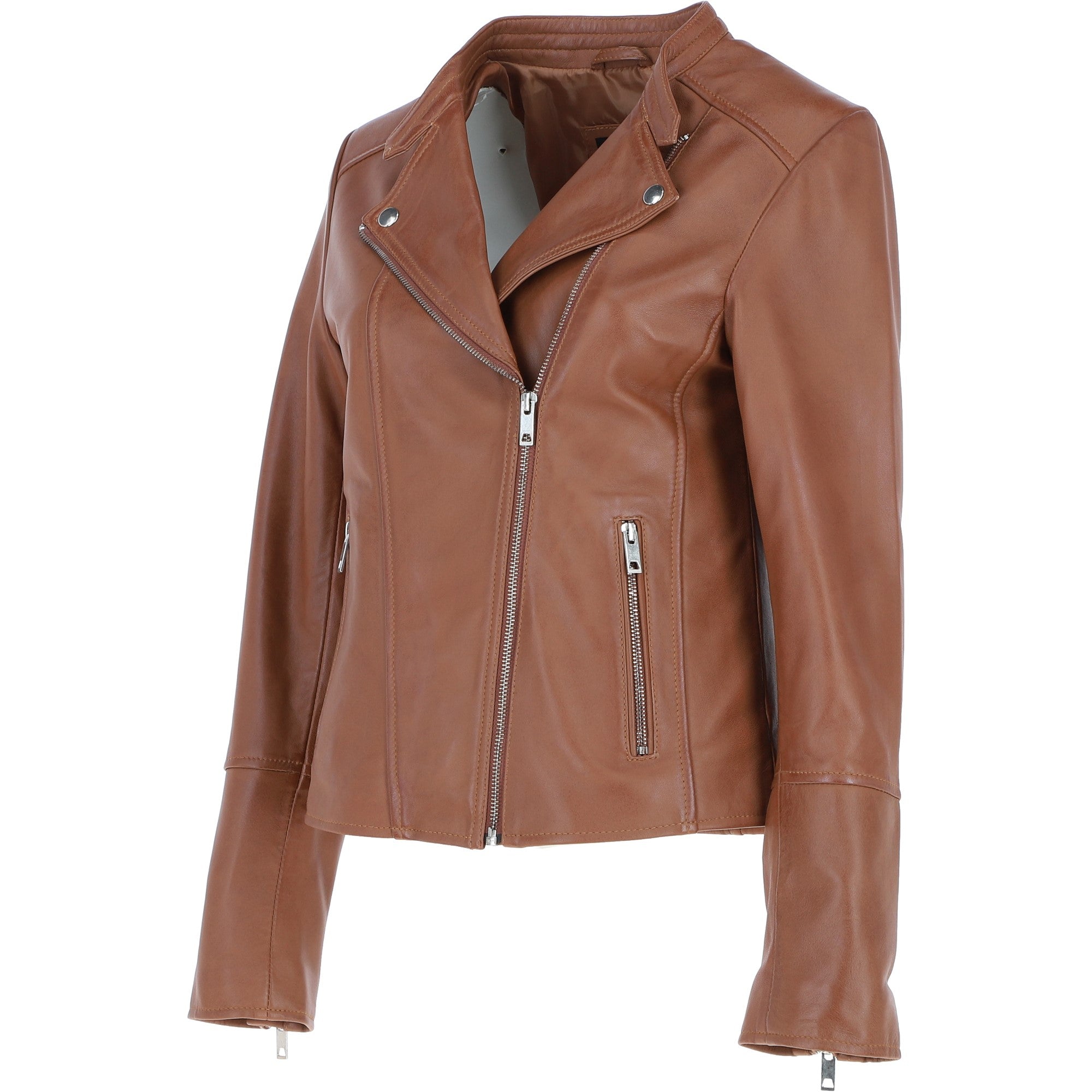 Real Leather Ladies Biker Jacket with Mandarin Collar Tan: AWL-N32