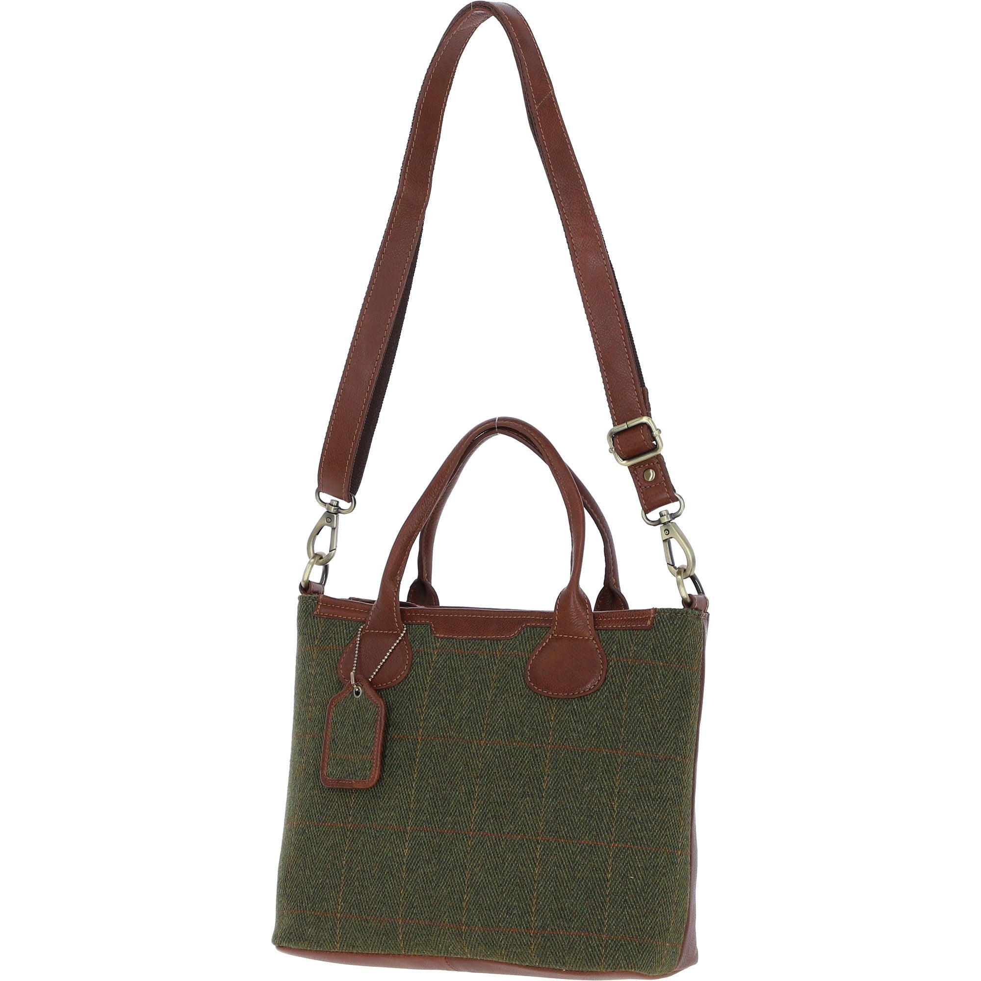 Versatile Ashwood Leather & Tweed Shoulder Bag Tan/Green Check: TW-22-010-TGNH