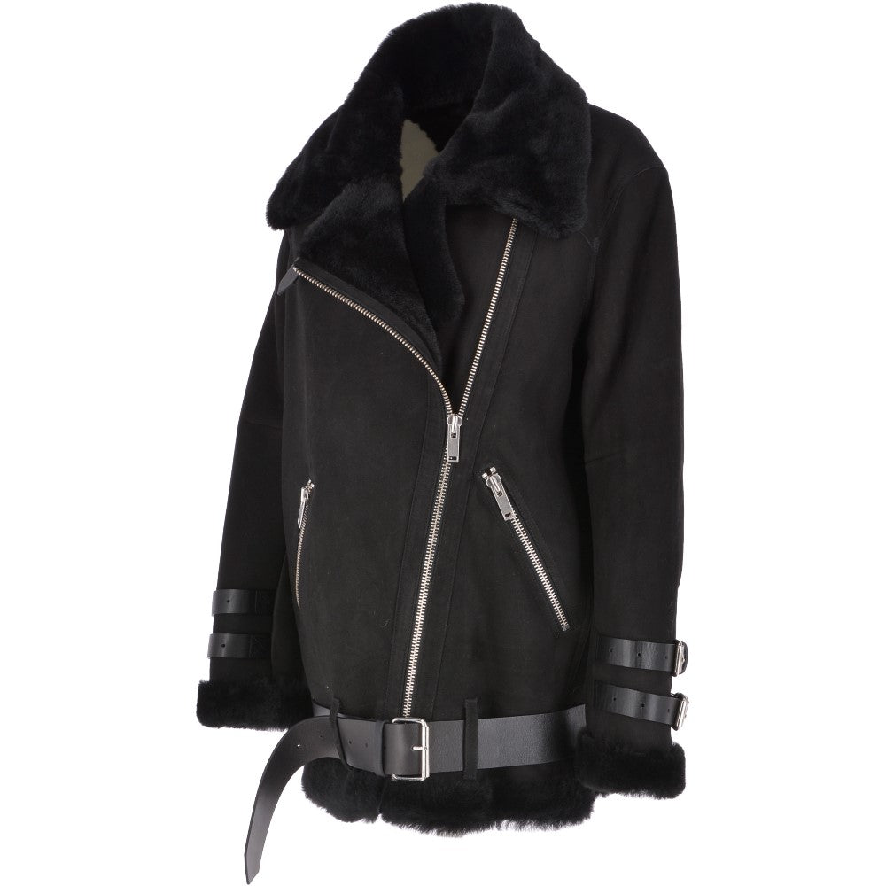 Womens Oversized Sheepskin Flying Jacket Black/Snuff: KB-20091