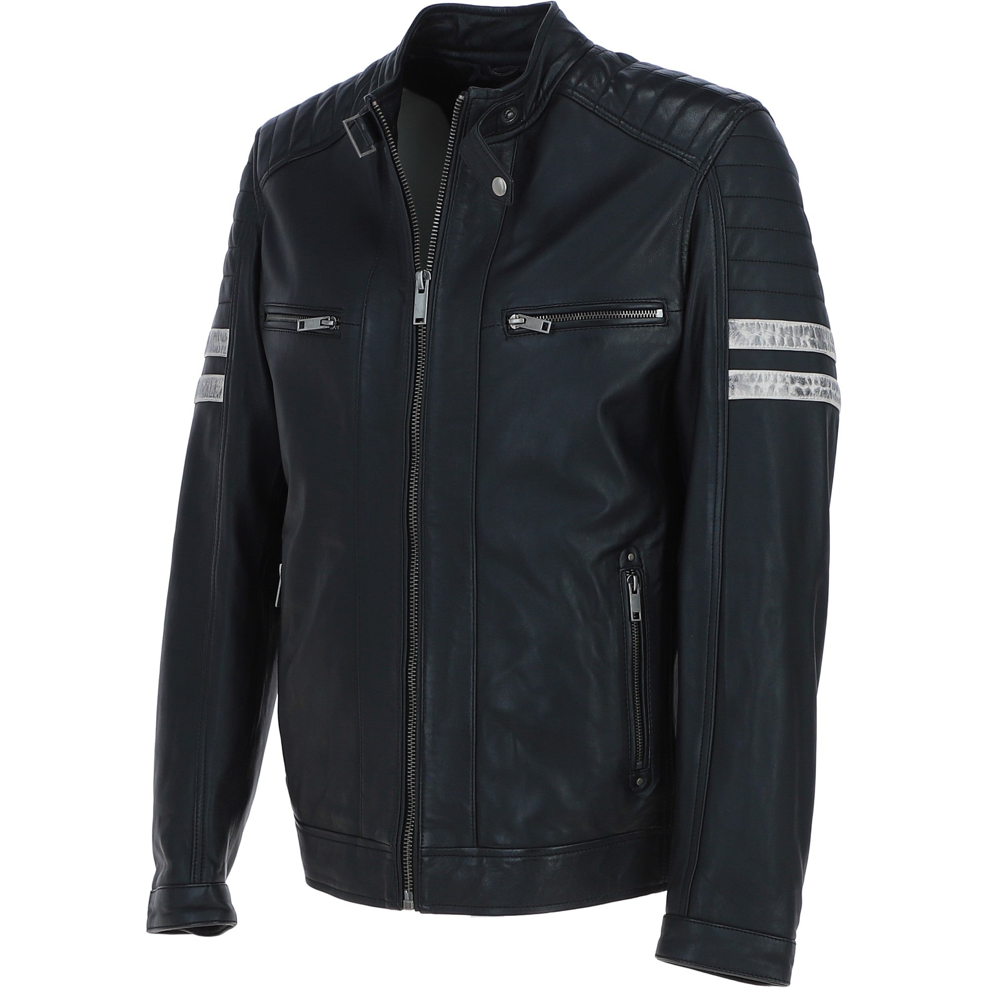 Men's Real Leather Biker Jacket With Stitch Detailings Black: AWM-NOVA2