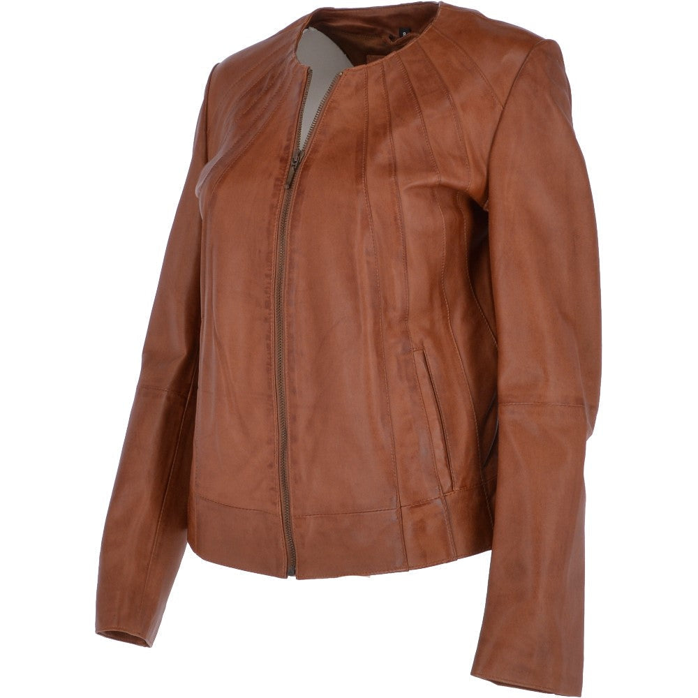 Womens Collarless Leather Jacket Tan/nap: AWL-280