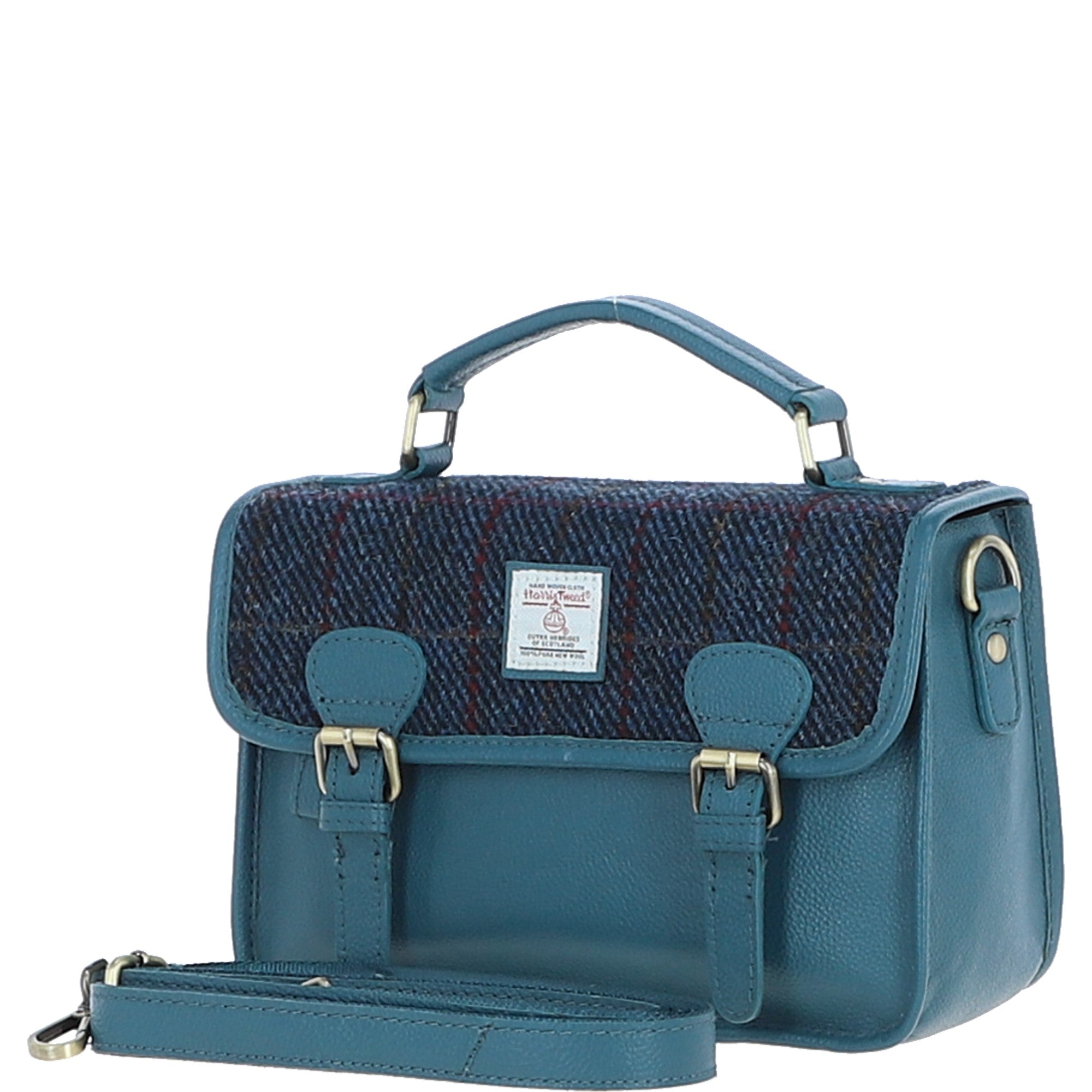 Ashwood Leather & Harris Tweed® Cloth Satchel Bag Teal/Navy: TW-68-16-TN
