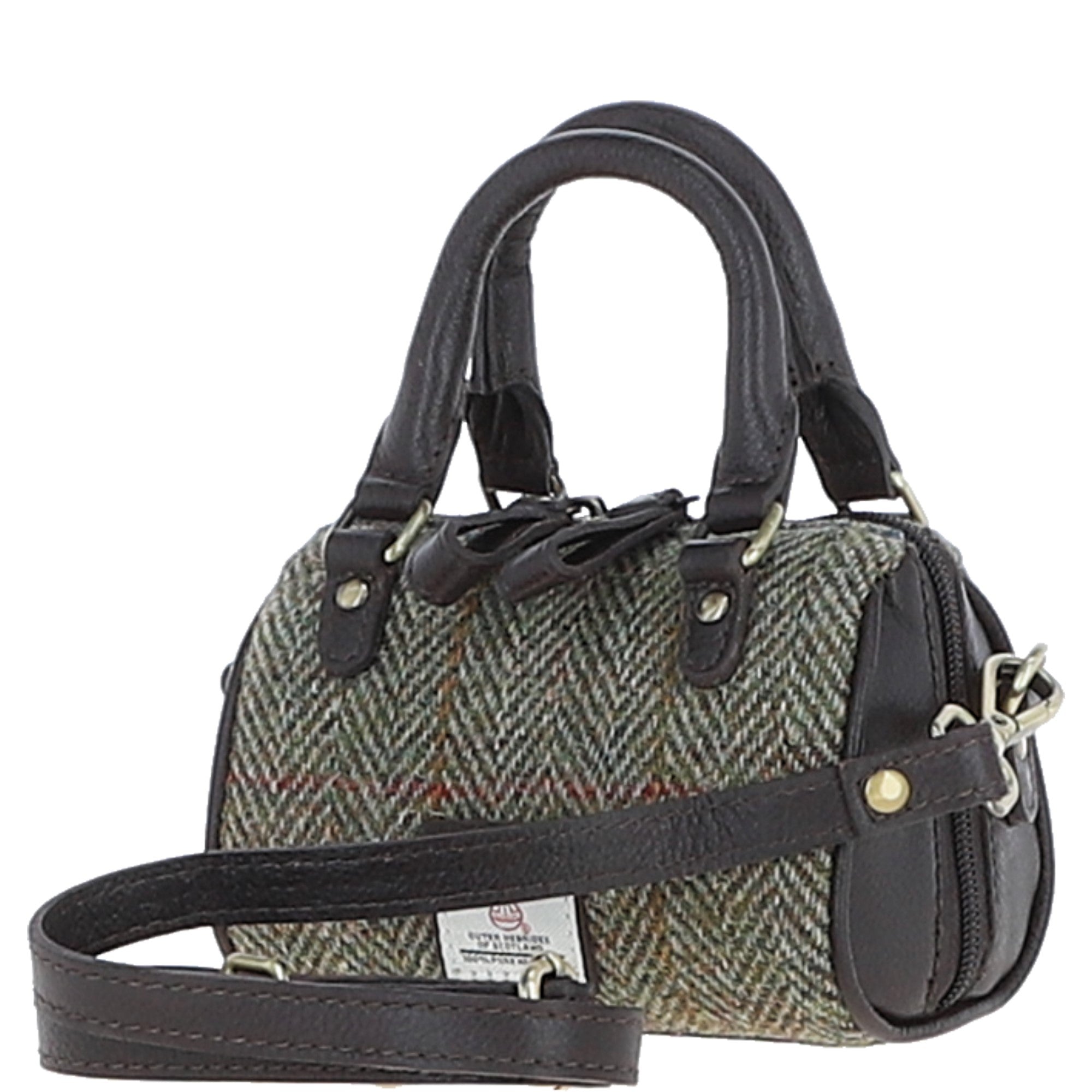 Ashwood Leather & Harris Tweed® Cloth X-Small Barrel Bag Brown/Green: TW-60-09-BG