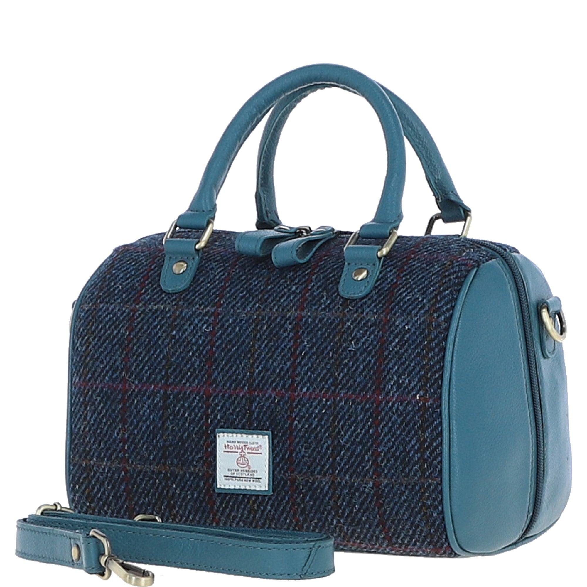 Ashwood Leather & Harris Tweed® Cloth Medium Barrel Bag Teal/Navy: TW-62-16-TN