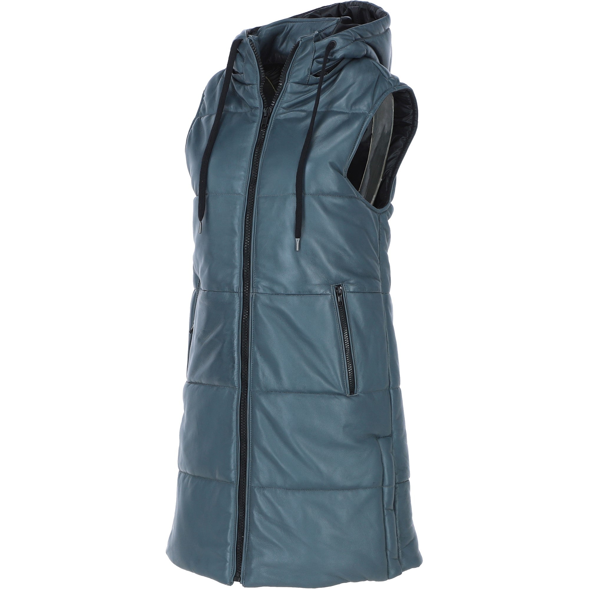 Ashwood Leather Long Gilet with Detachable Hood Grey: Gillet Long