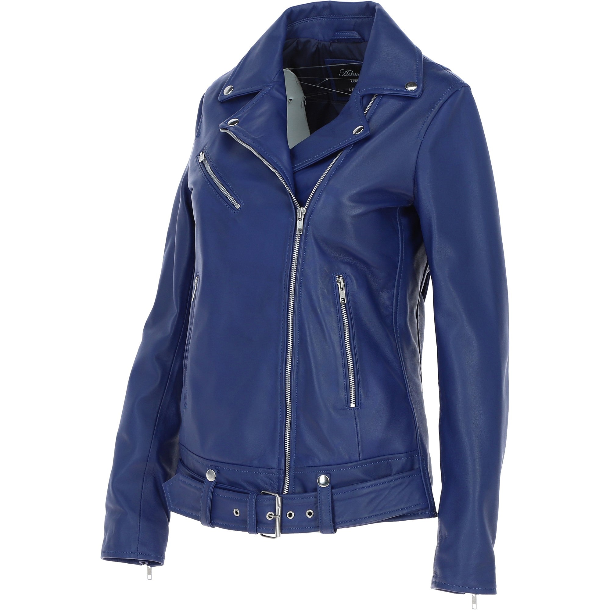 Ashwood Ladies Leather Longline Biker Jacket Ink Blue: LONG LINE BIKER