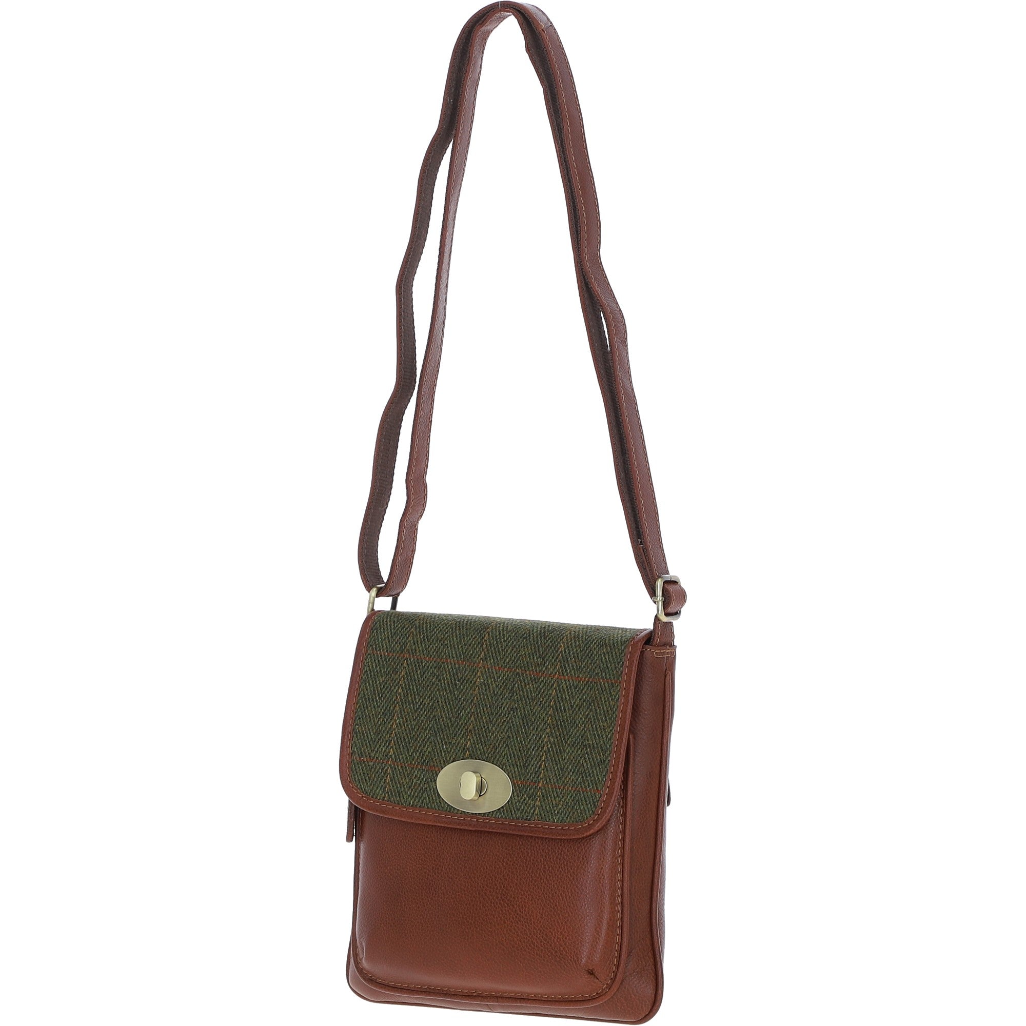 Ashwood Leather & Tweed Twist Lock Crossbody Bag Tan/Green Check: TW-31-010-TGNH