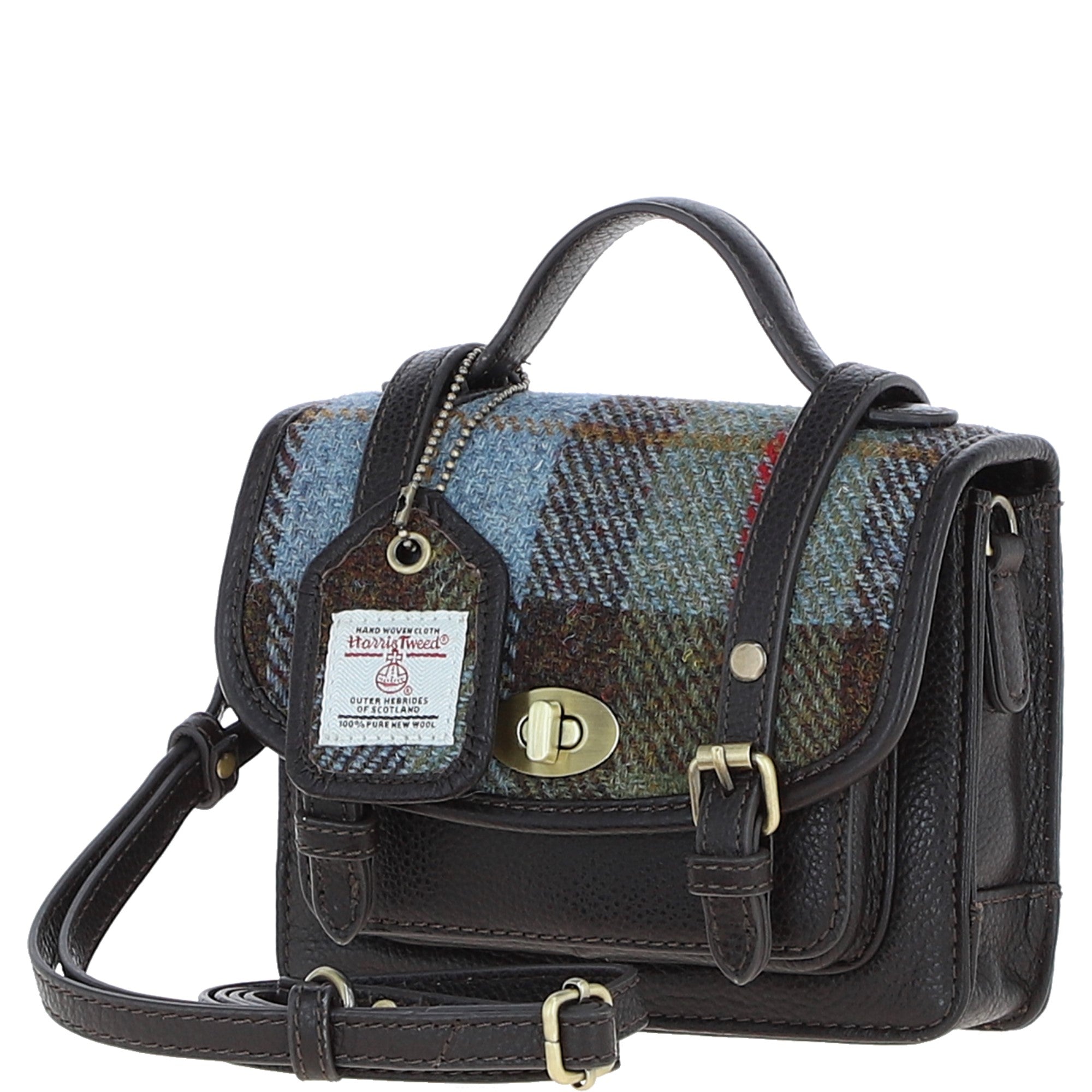 Ashwood Leather & Harris Tweed® Cloth Mini Satchel Bag with Twist Lock Brown/Mcload: TW-32-01-BM