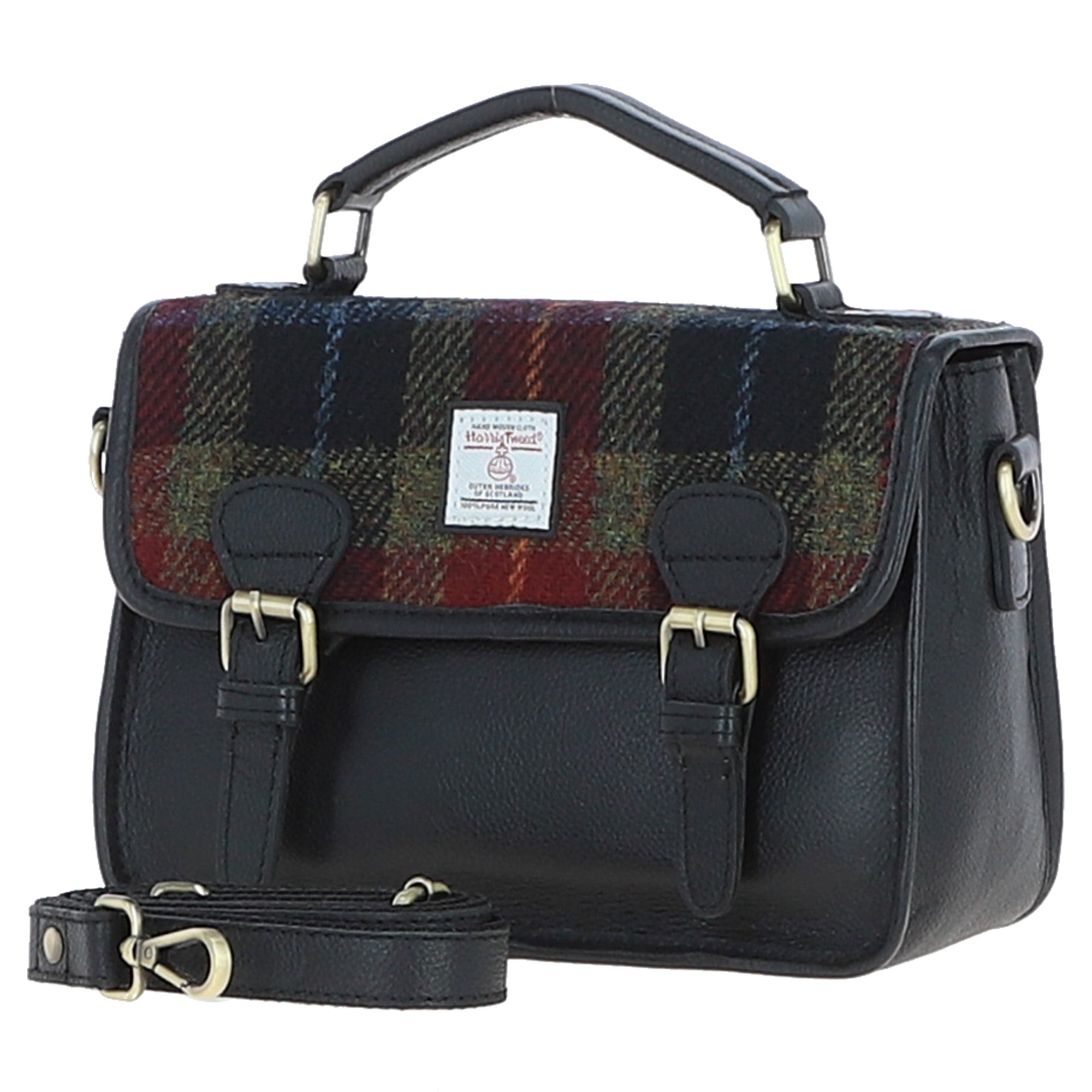 Ashwood Leather & Harris Tweed® Cloth Satchel Bag Black/Green/Red: TW-68-07-BR
