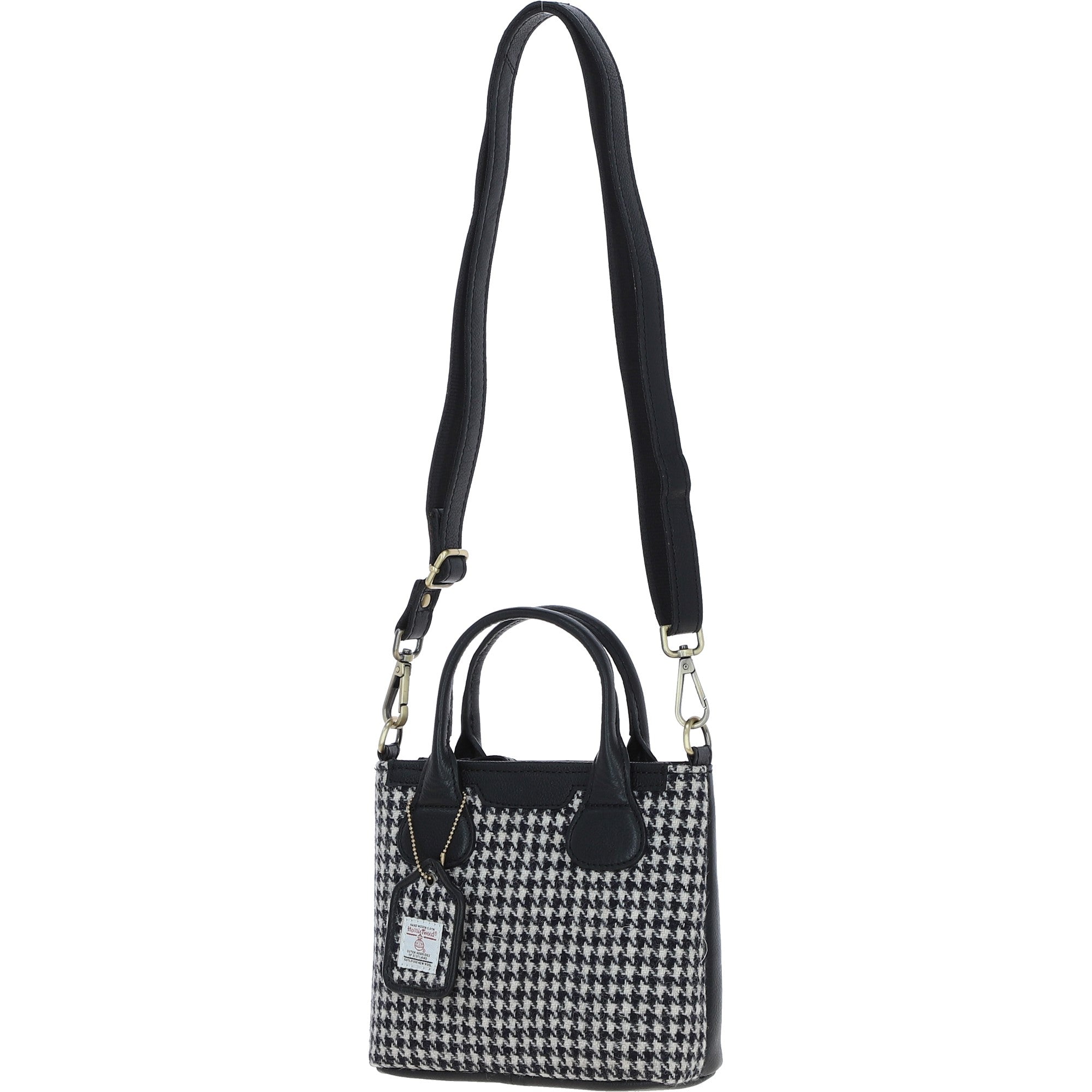 Ashwood Leather & Harris Tweed® Cloth Handbag with Removable Crossbody Strap Black/White: TW-21-012-BW