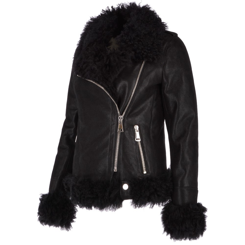 Womens Long Curly Sheepskin Suede Pilot Jacket Black: P-36