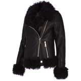 Womens Long Curly Sheepskin Suede Pilot Jacket Black: P-36