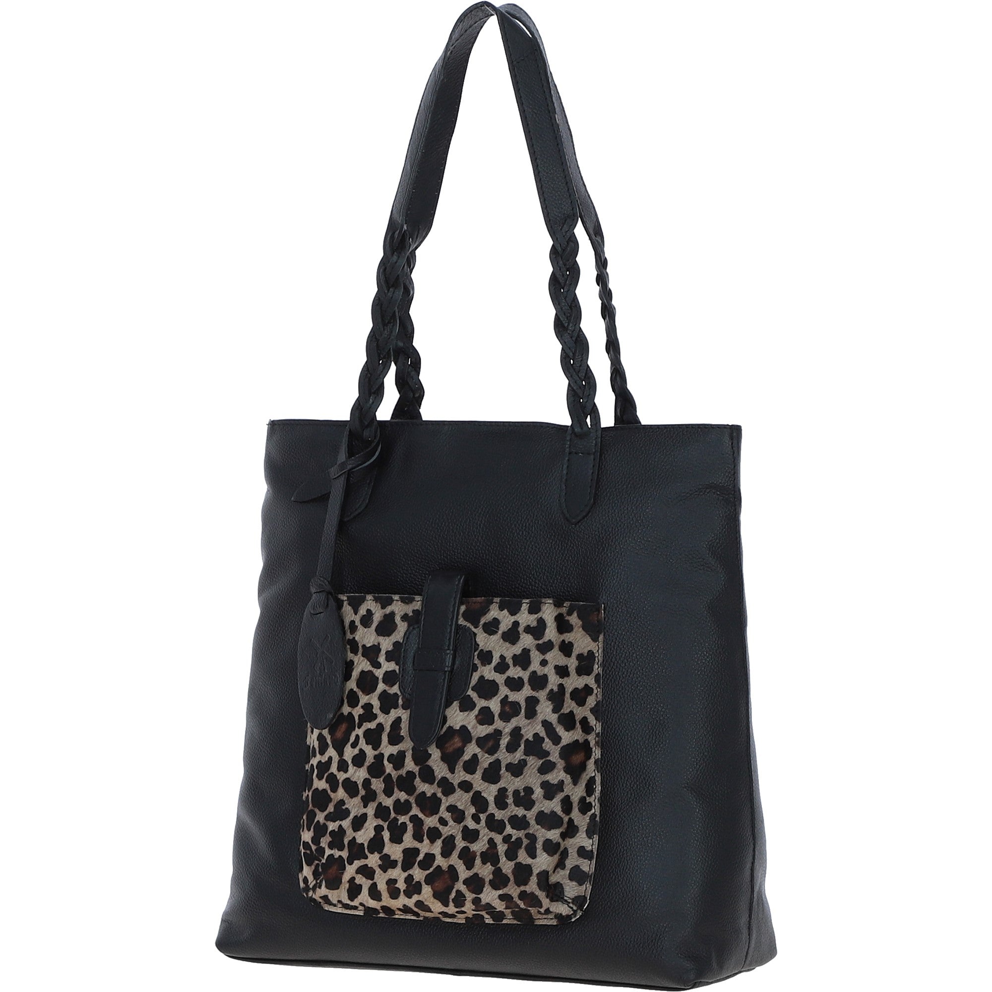 Black Leather Shoulder Bag with Leopard Print Pocket: ELA 1128