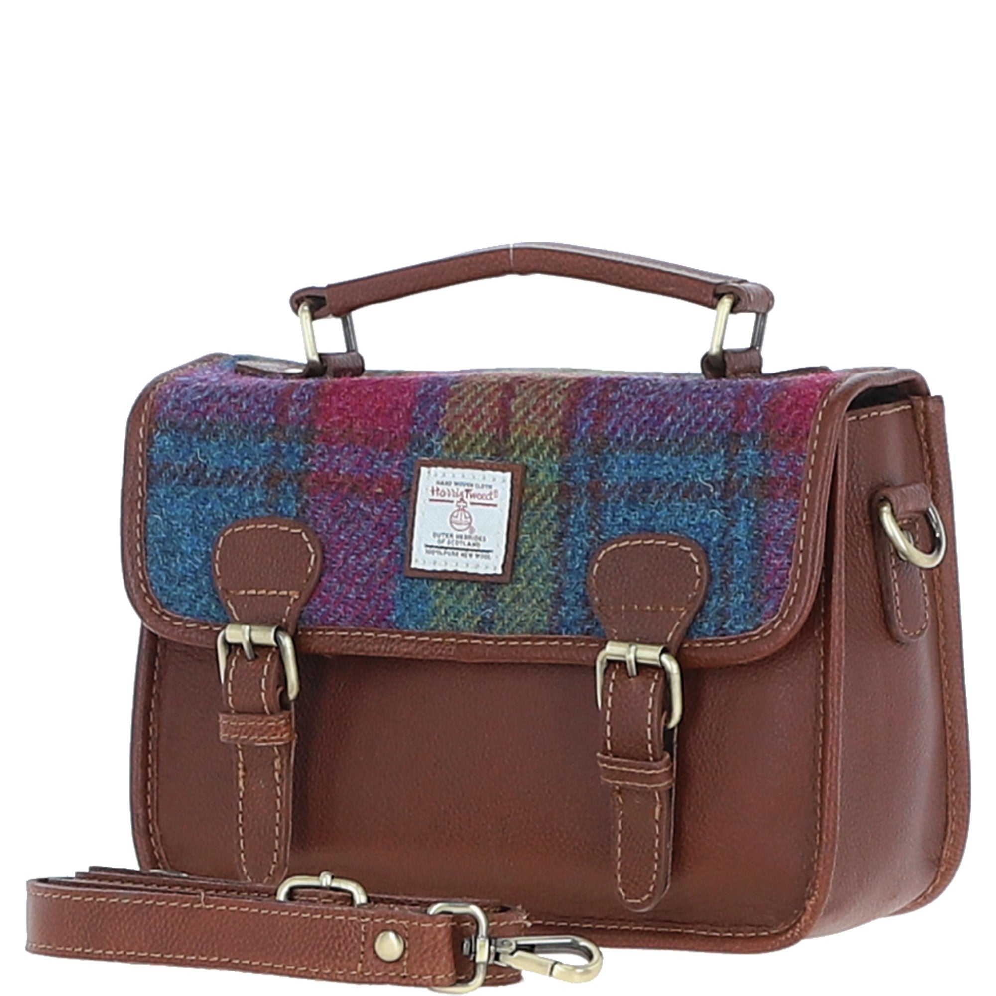 Ashwood Leather & Harris Tweed® Cloth Satchel Bag Tan/Purple: TW-68-13-TP