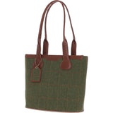 Ashwood Leather & Tweed Genuine Leather Shoulder Bag Tan/Green Check: TW-23-010-TGNH