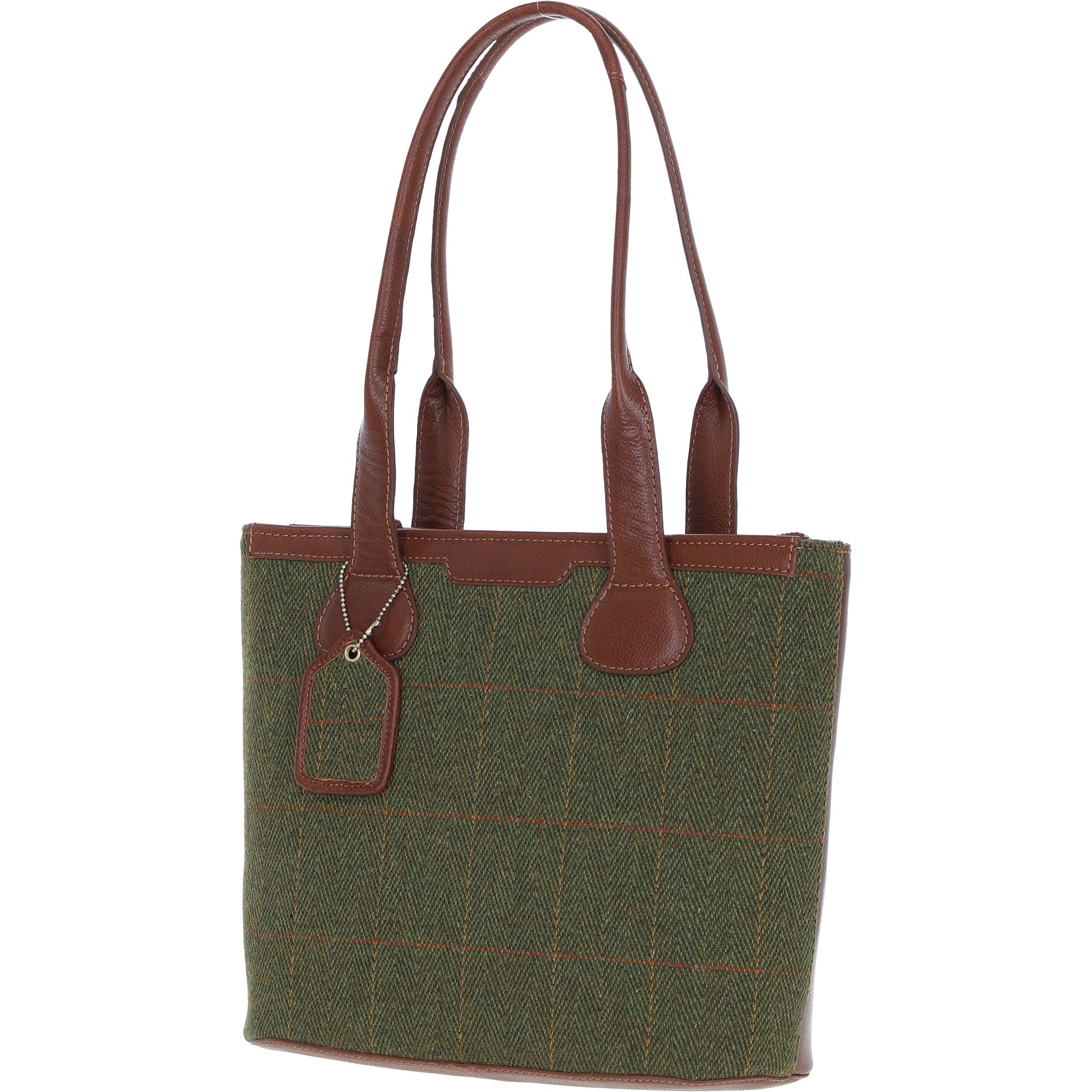 Ashwood Leather & Tweed Genuine Leather Shoulder Bag Tan/Green Check: TW-23-010-TGNH