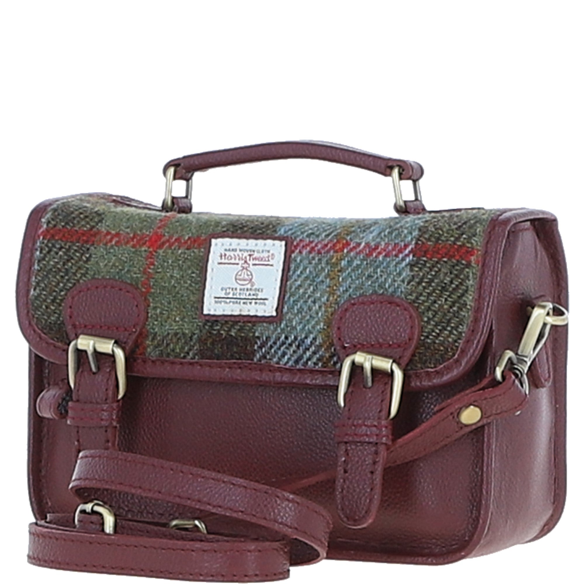 Ashwood Leather & Harris Tweed® Cloth Small Satchel Bag Wine/Mcload: TW-67-17-WM