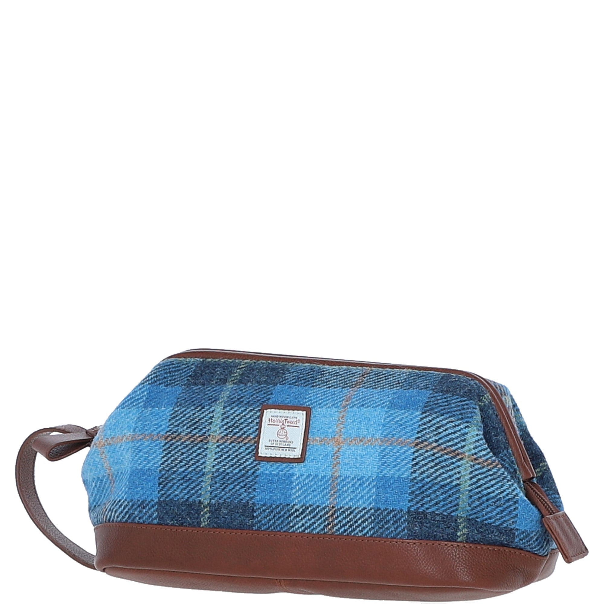 Ashwood Leather & Harris Tweed® Cloth Unisex Washbag Tan/LT Blue: TW-40-05-TB
