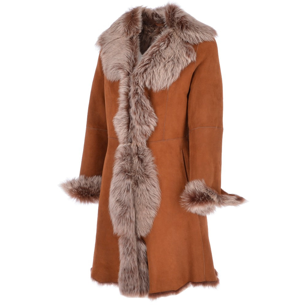 3/4 Length Toscana Suede Leather Coat Tan: KB 466