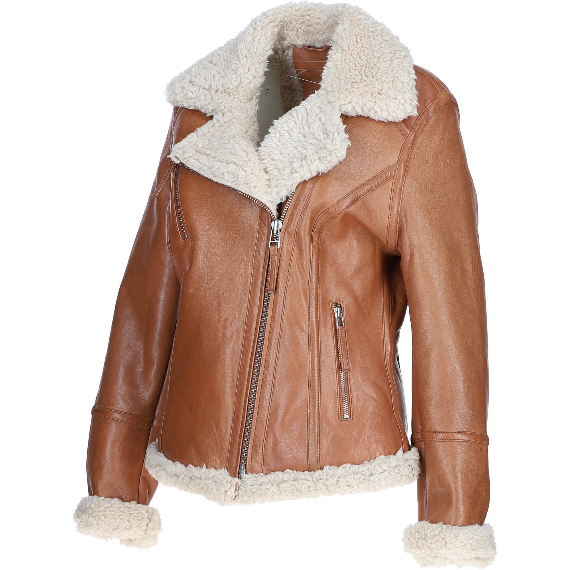 Womens Shearling Biker Jacket Cognac: 2418