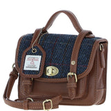 Ashwood Leather & Harris Tweed® Cloth Mini Satchel Bag with Twist Lock Tan/Navy: TW-32-11-TN