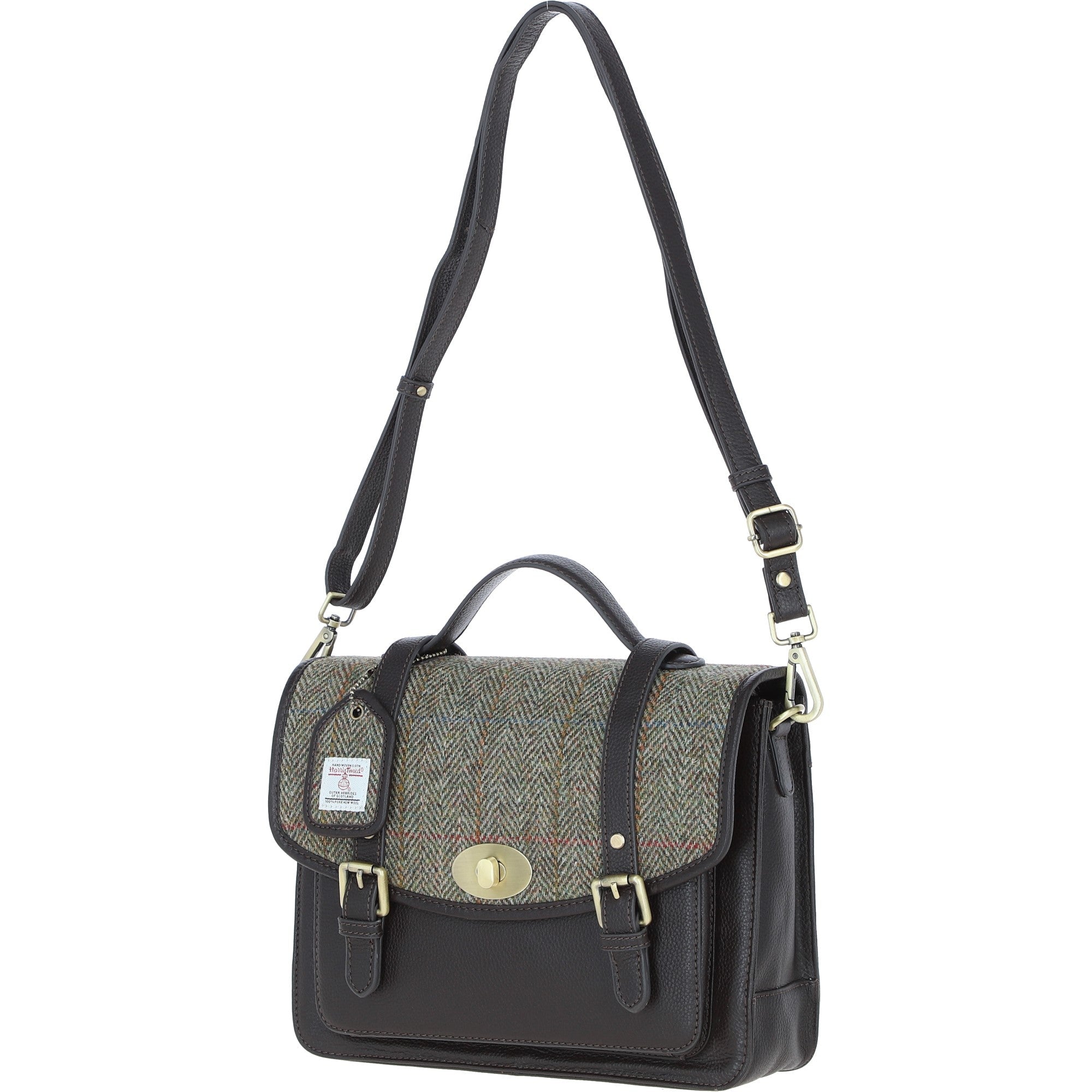 Ashwood Leather & Harris Tweed® Cloth Large Satchel Bag with Twist Lock Brown/Green: TW-35-09-BG