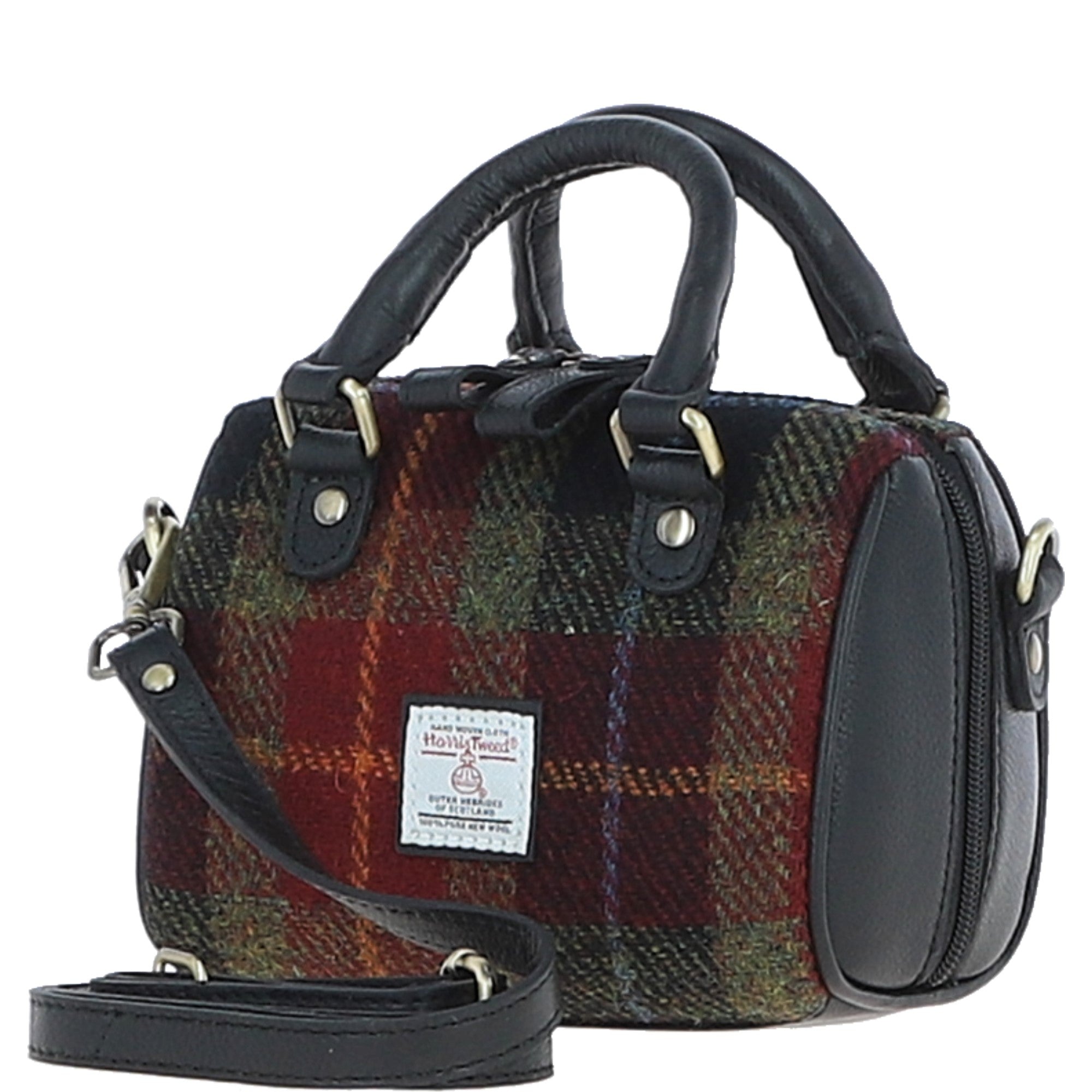 Ashwood Leather & Harris Tweed® Cloth Small Barrel Bag Black/Green/Red: TW-61-07-BR