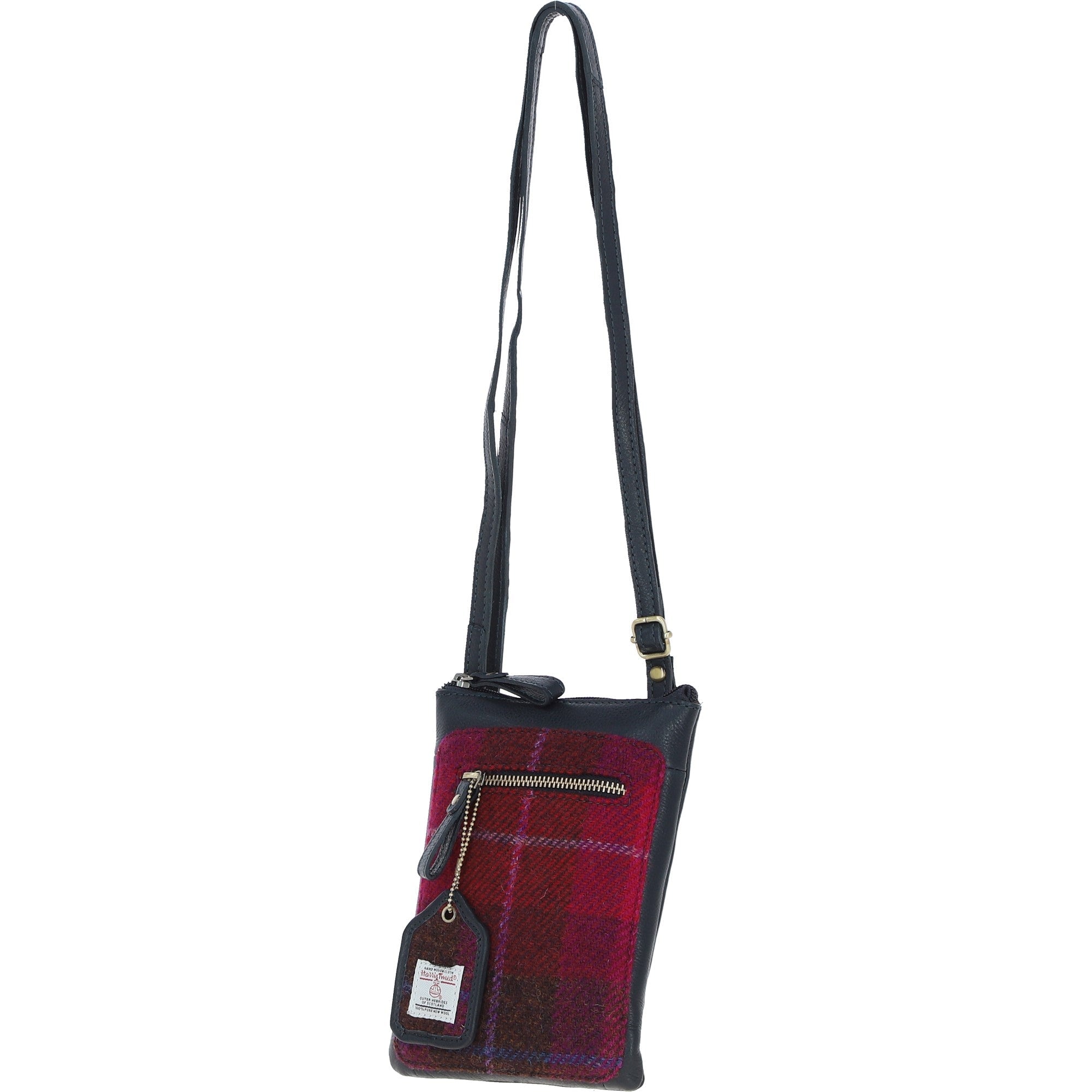 Authentic Ashwood Leather & Harris Tweed® Cloth Crossbody Bag Navy/Pink: TW-29-06-NP