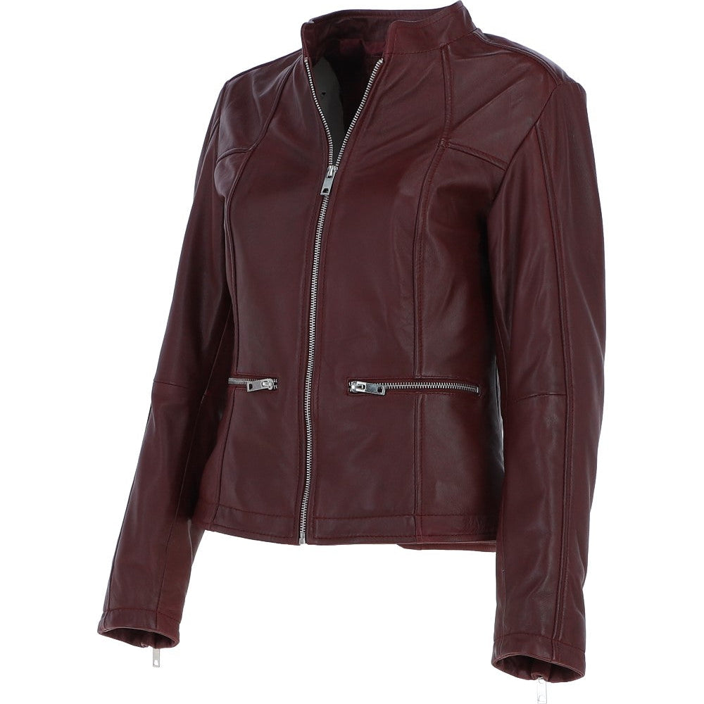 Ladies Veg Tanned Leather Mandarin Collar Biker Jacket Burgandy: AWL-265