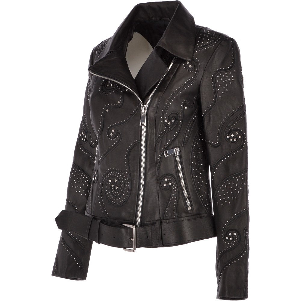 Ladies Vegetable Tanned Leather Studded Biker Jacket: Z 158