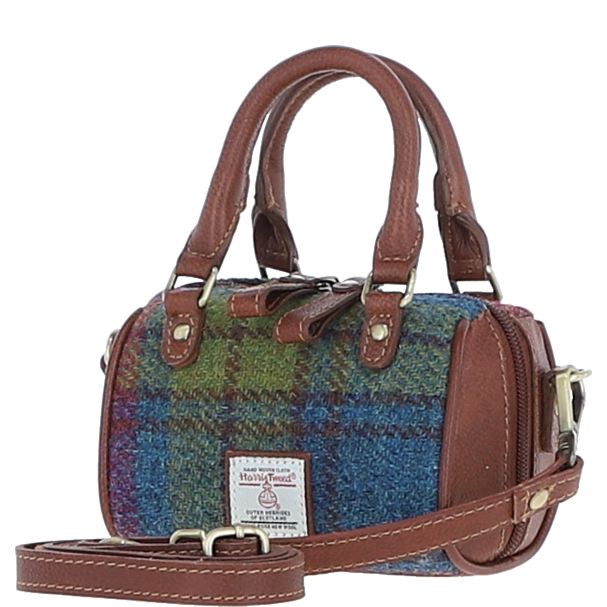 Ashwood Leather & Harris Tweed® Cloth X-Small Barrel Bag Tan/Purple: TW-60-13-TP