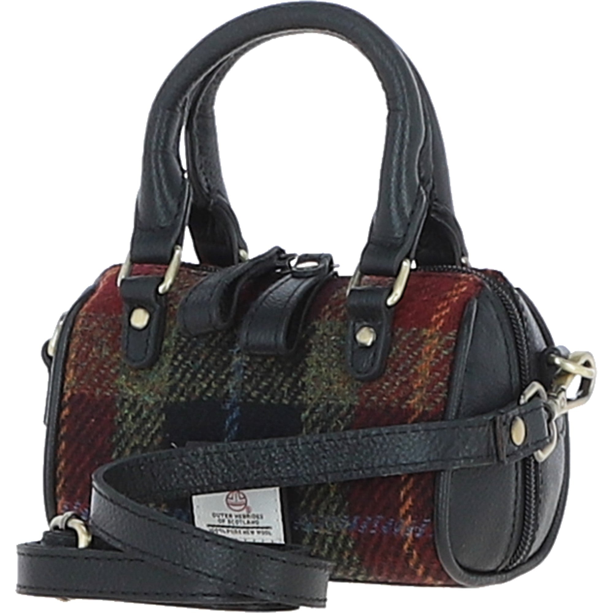 Ashwood Leather & Harris Tweed® Cloth X-Small Barrel Bag Black/Green/Red: TW-60-07-BR