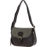 Elegant Ashwood Leather & Harris Tweed® Cloth Crossbody Bag Brown/Green: TW-27-09-BG