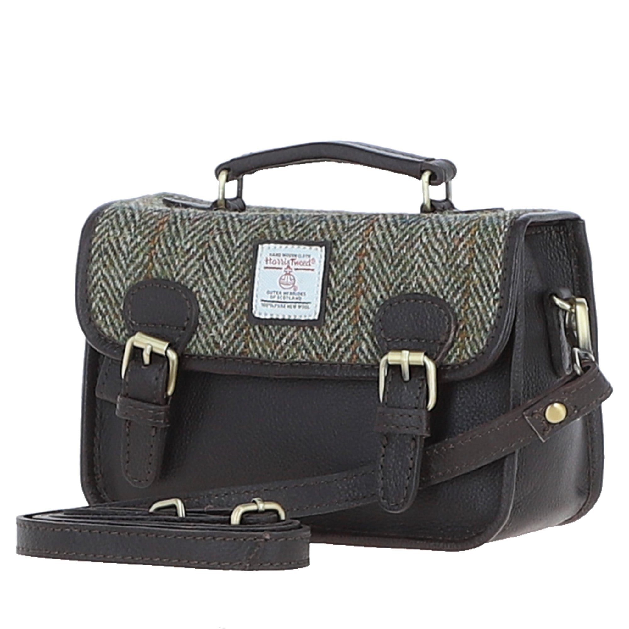 Ashwood Leather & Harris Tweed® Cloth Small Satchel Bag Brown/Green: TW-67-09-BG