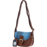 Ashwood Leather & Harris Tweed® Cloth Saddle Bag Tan/LT Blue: TW-26-05-TB