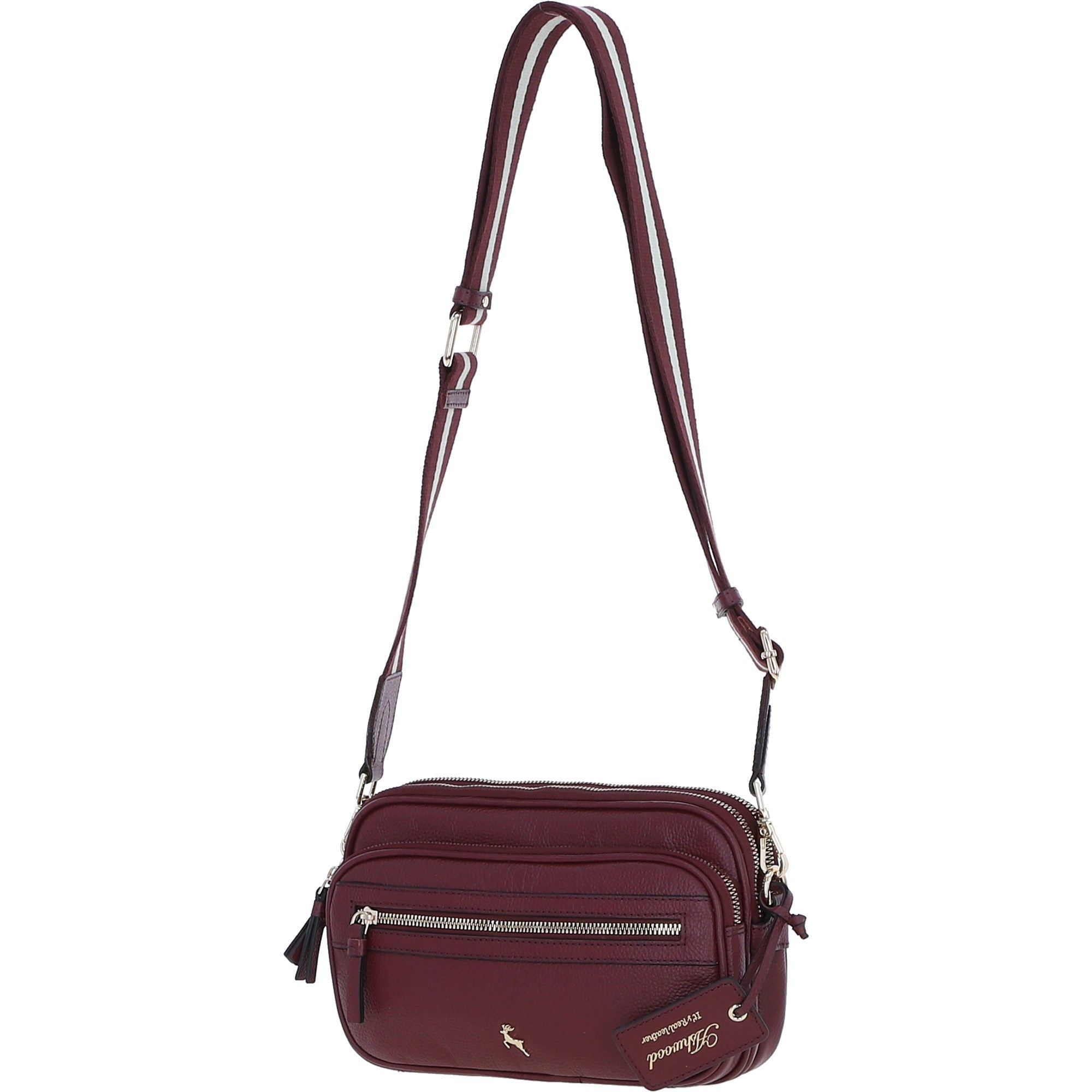 Compact Twin Zip Ashwood Leather Crossbody Bag Wine: X-35