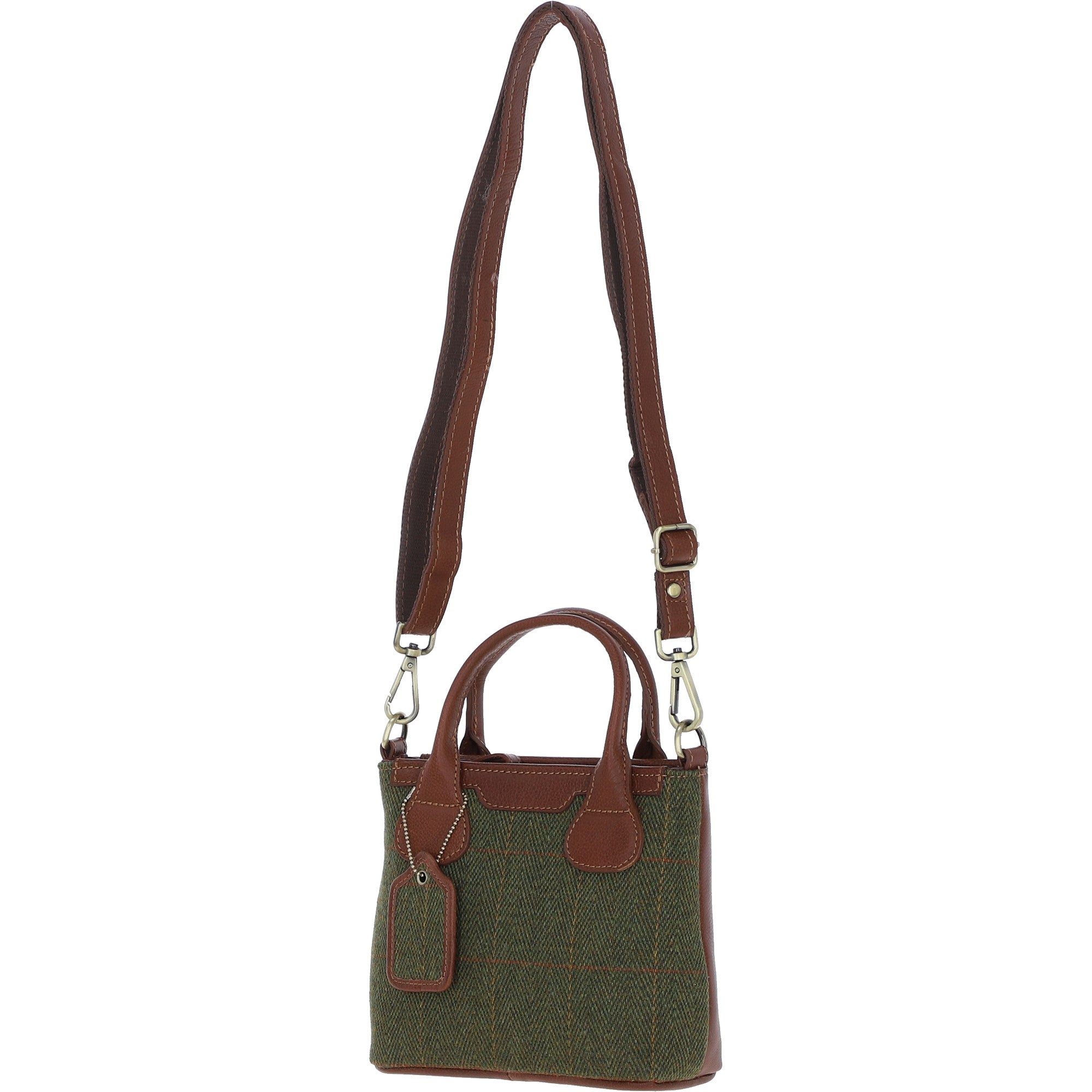 Ashwood Leather & Tweed Handbag with Removable Crossbody Strap Tan/Green Check: TW-21-010-TGNH