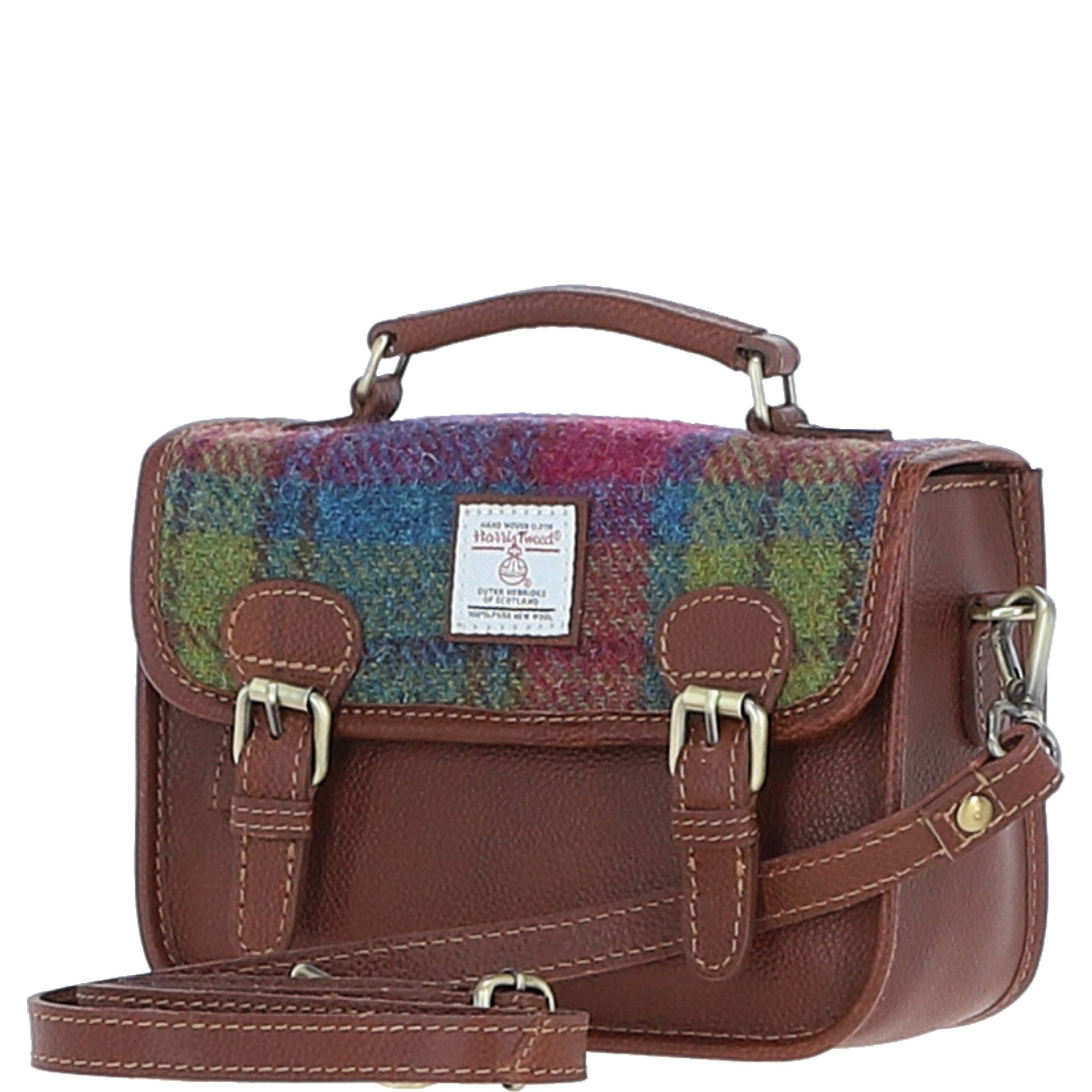 Ashwood Leather & Harris Tweed® Cloth Small Satchel Bag Tan/Purple: TW-67-13-TP