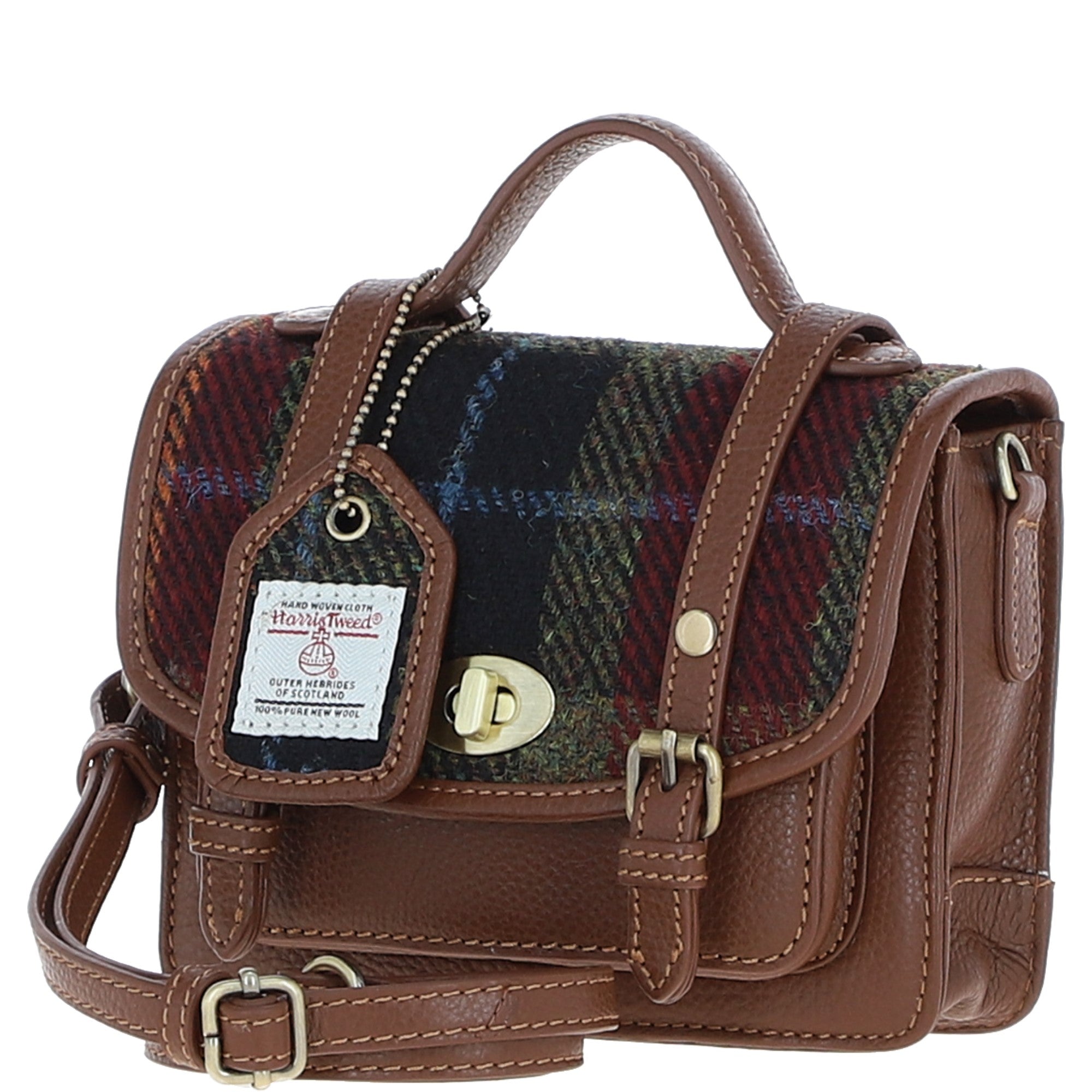 Ashwood Leather & Harris Tweed® Cloth Mini Satchel Bag with Twist Lock Tan/Red: TW-32-08-TR