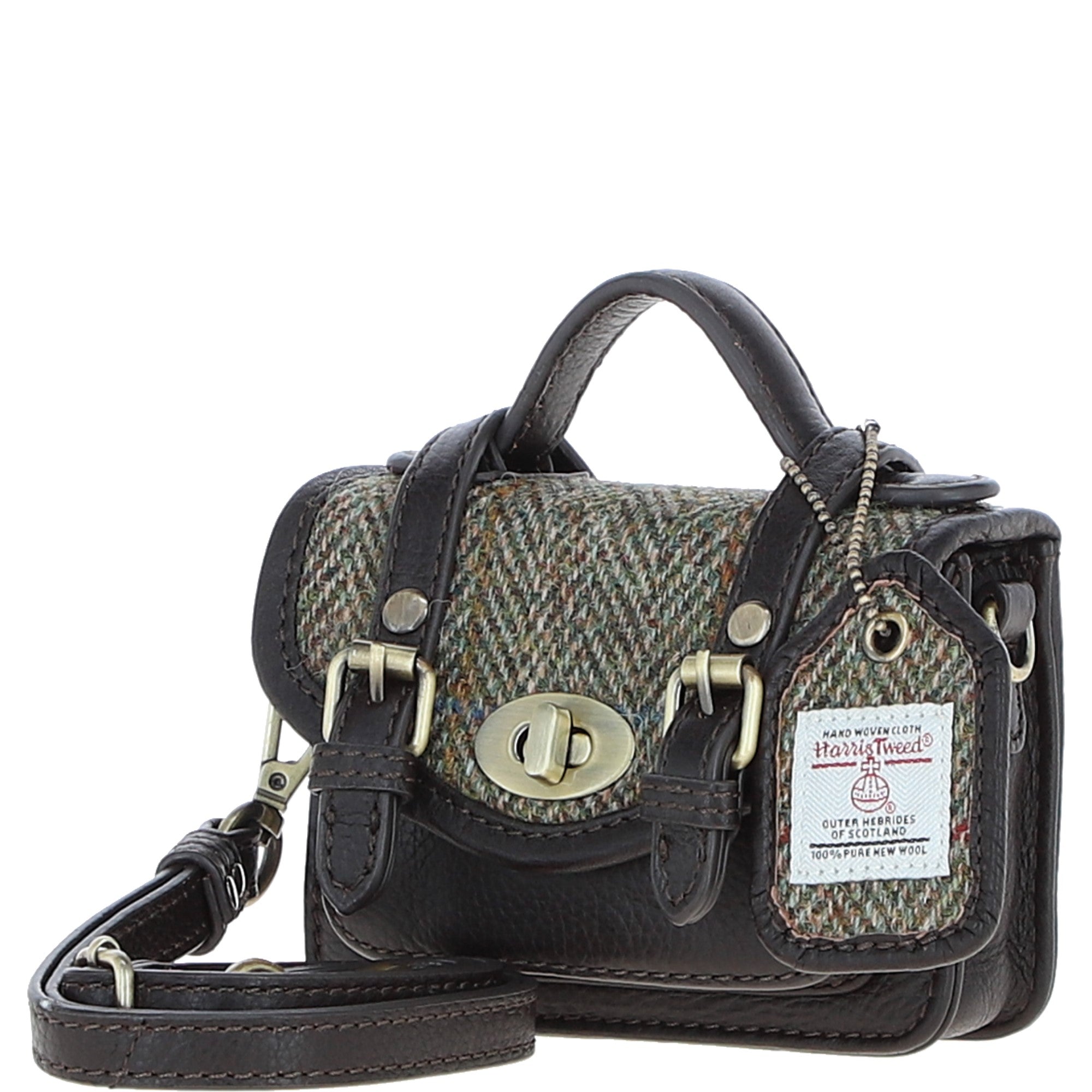 Ashwood Leather & Harris Tweed® Cloth Micro Satchel Bag with Twist Lock Brown/Green:TW-36-09-BG