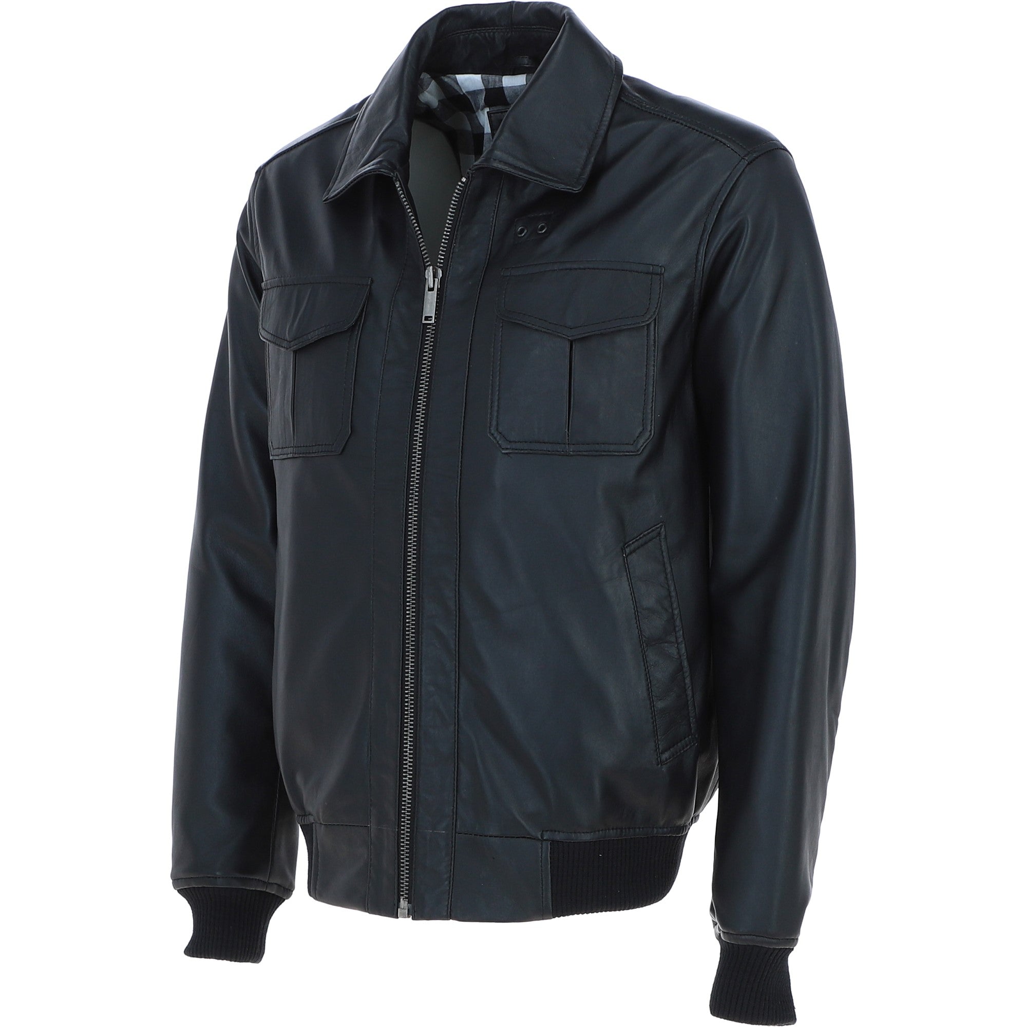 Men's Real Leather Bomber Jacket with Brando Collar Black: AWM-Pointer