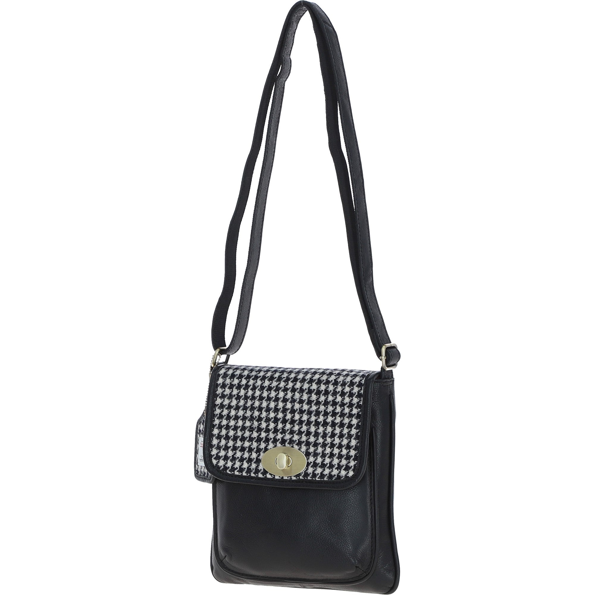 Ashwood Leather & Harris Tweed® Cloth Twist Lock Crossbody BagBlack/White: TW-31-012-BW